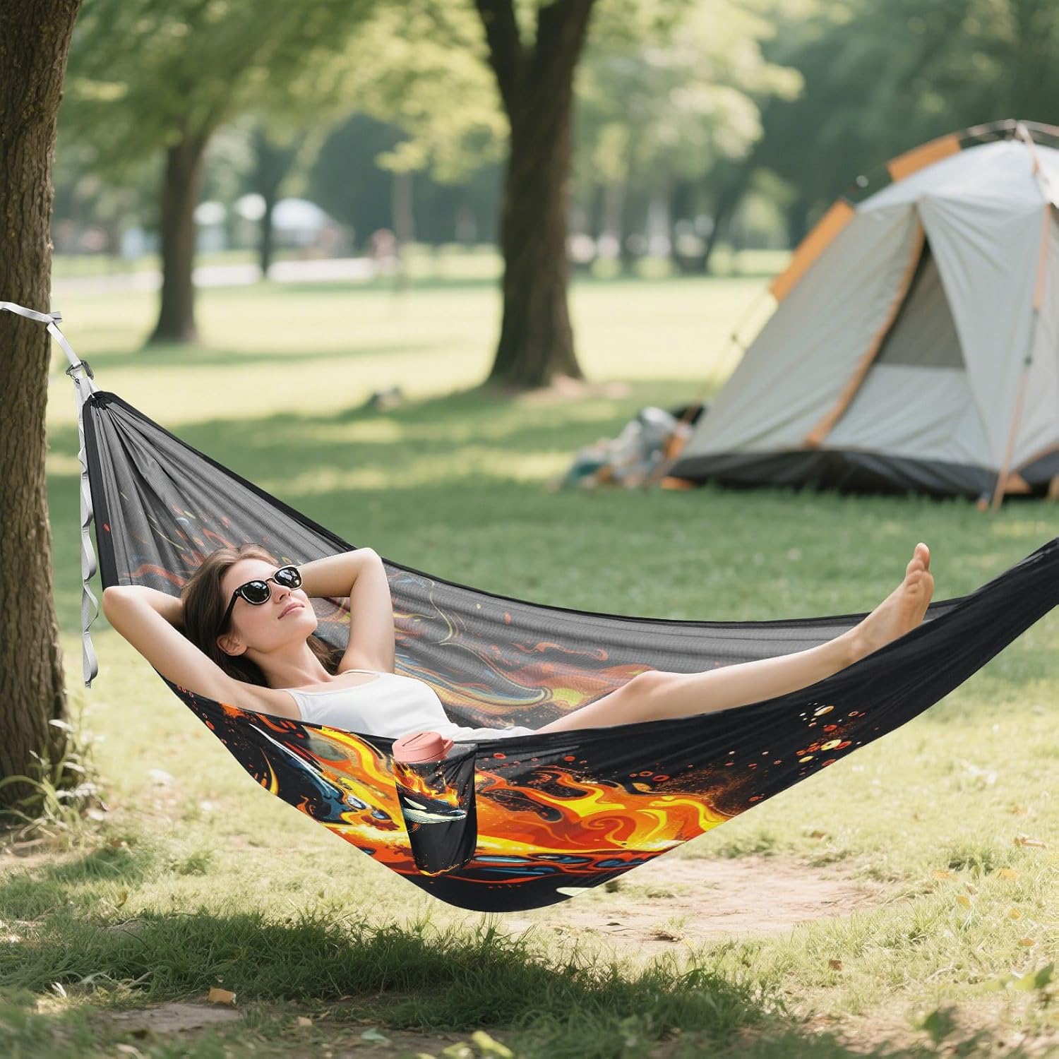 ALAZA Killer Whale Flame Camping Hammocks Single or 2 Person 500 lbs Portable Parachute Travel Hammock w/Tree Straps for Hiking Backpacking Indoor Outdoor