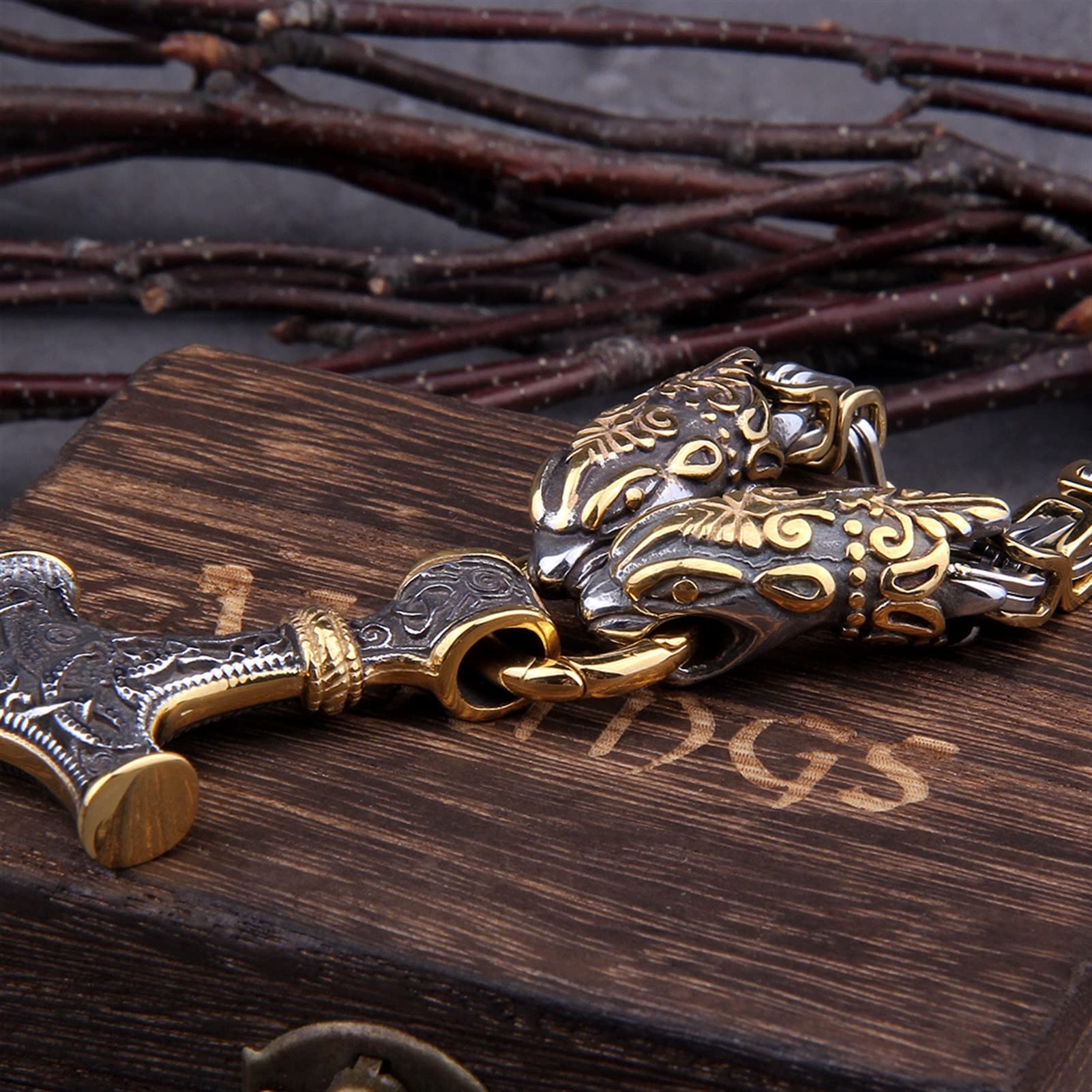 Männer Edelstahl Drachenkopf Norse Wikinger Hammer Anhänger Halskette als Männer Geschenk mit Holzkiste Ketten für Herren (Length : 50cm, Metal Color : Photo Style 1)