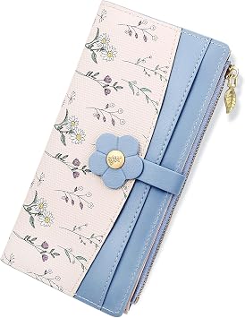 Farcauo Long Floral Womens Wallet Cute Wallets for Women Blue Womens Wallet Kawaii Flower Card Wallets for Women Ladies