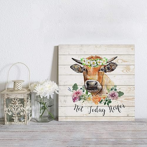 Miniatura 4 de Canvas Wall Art - Canvas Prints Wall Decor for Bathroom - Farms Cows Flowers Interesting Text Not Today Heifer Wood Grain Canvas Picture Poster
