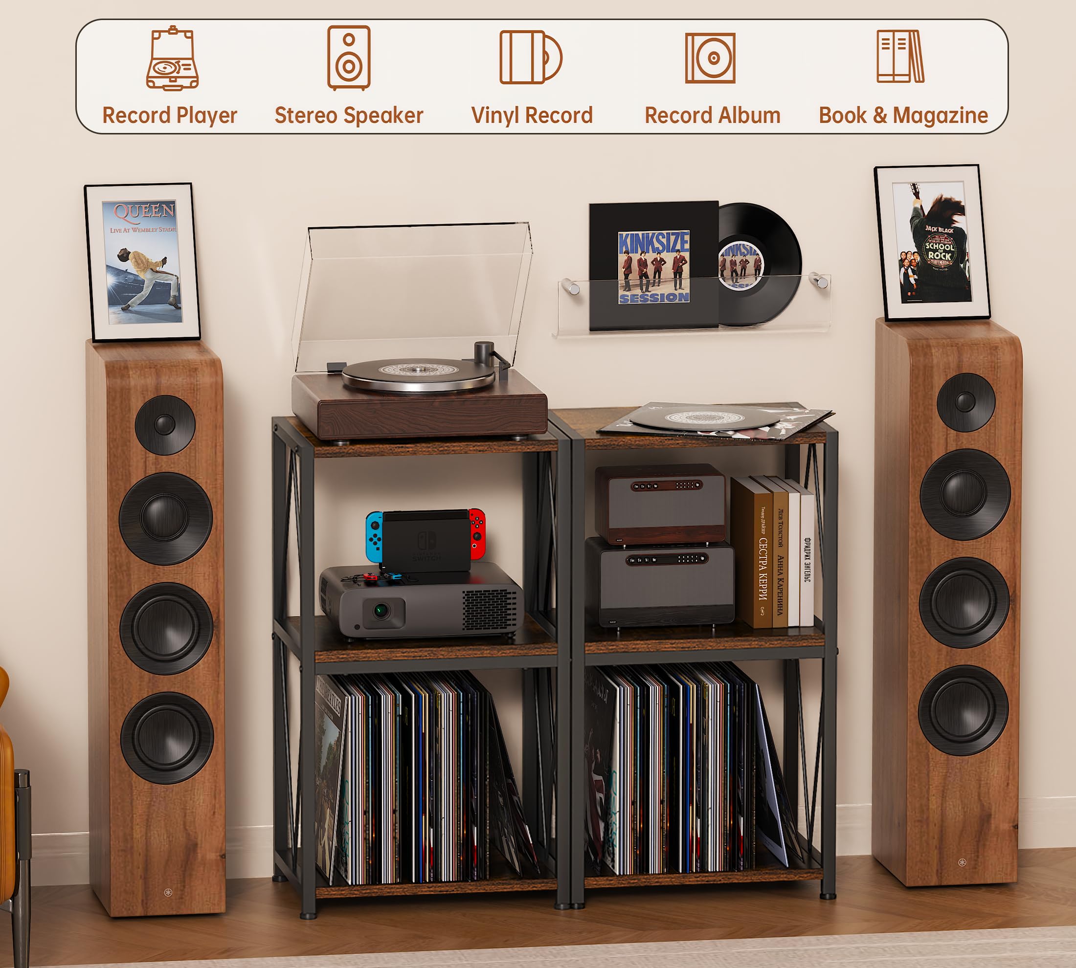 HFHOME Tavolino per dischi in vinile a 3 ripiani, armadietto per giradischi per riporre e esporre vinili, supporto per giradischi in soggiorno, camera da letto, sala musica