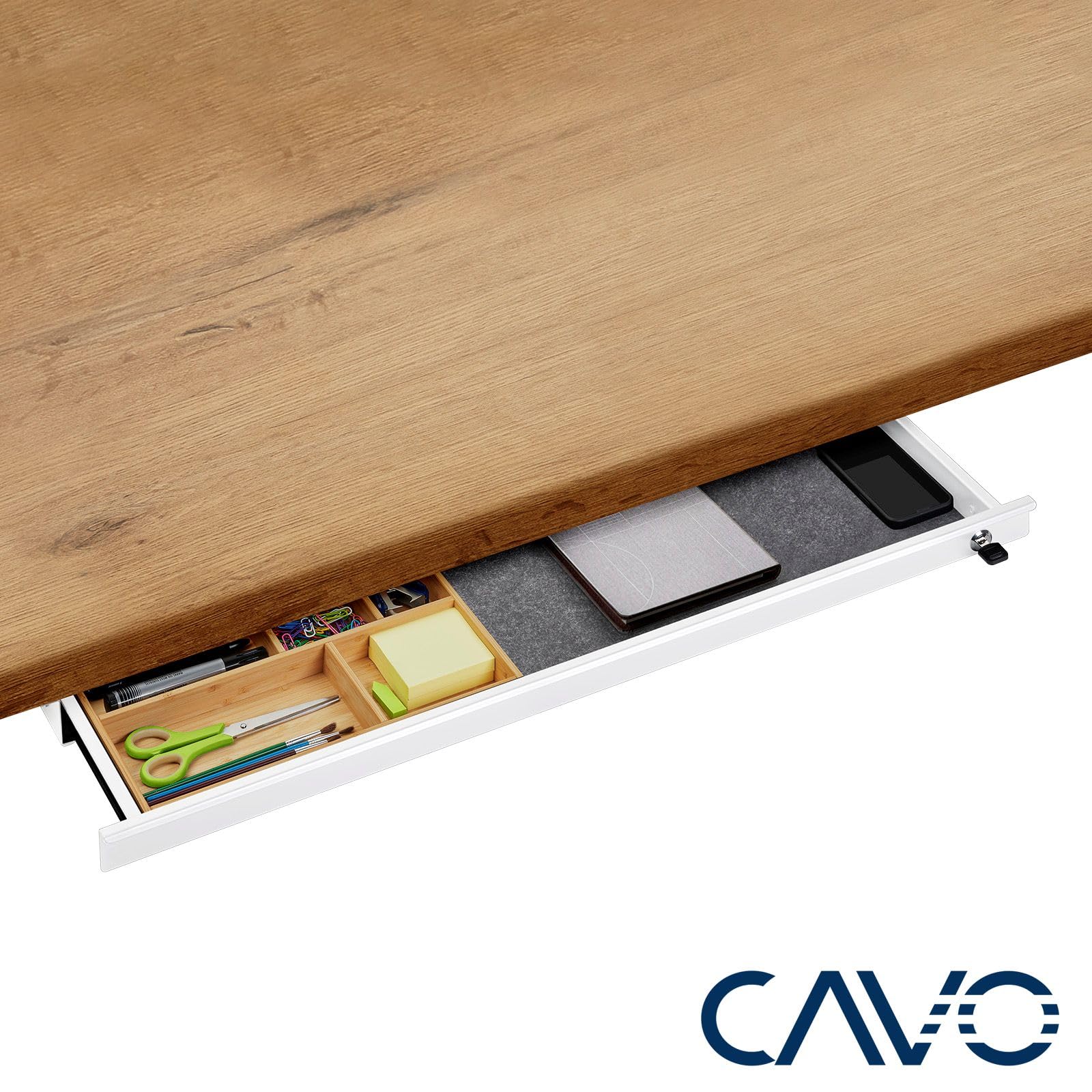 CAVO Cassetto con serratura 850 x 265 x 45 mm bianco con inserto in bambù Cassetto per ufficio