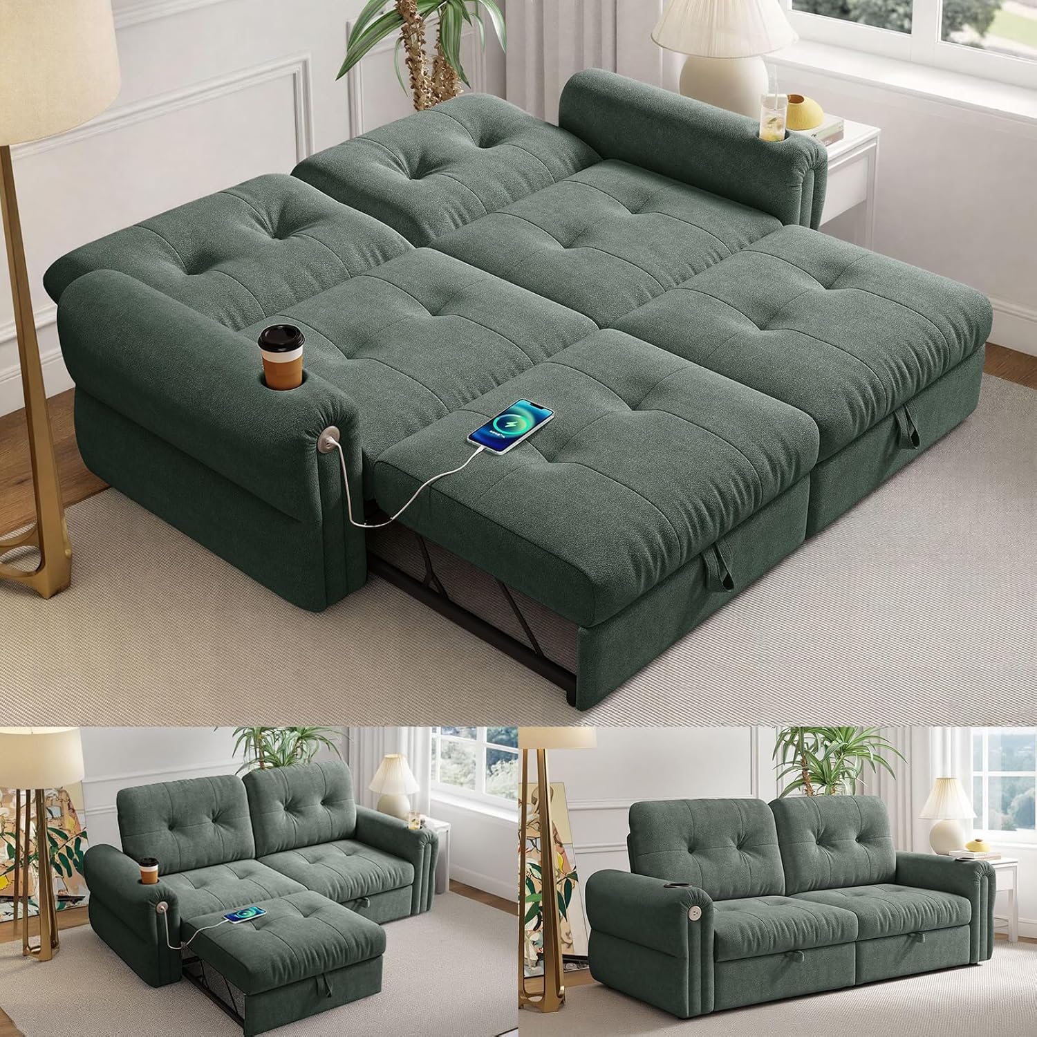 Rovibek 77" Convertible Sofa Bed, Pull Out Couch with USB Charging Port & Cup Holders, Adjustable Backrest, Side Pockets, Modern Chenille Sleeper Sofa for Living Room, Bedroom, Apartment, Green