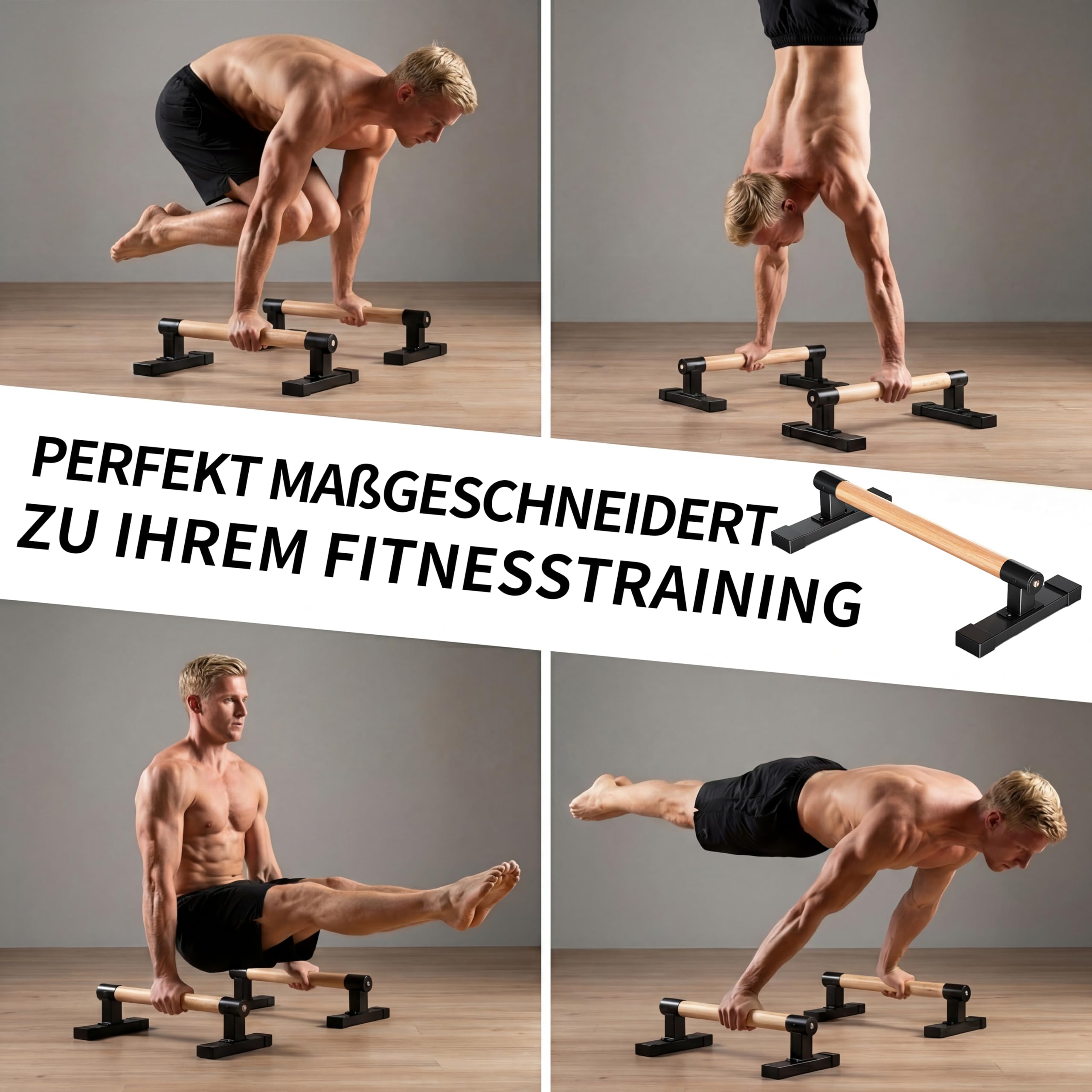 Parallettes Liegestützgriffe, Calisthenics-Liegestützstangen für Handstände und Krafttraining mit Buchenholzgriffen, Arm- und Brustmuskeltraining im Innen- und Außenbereich