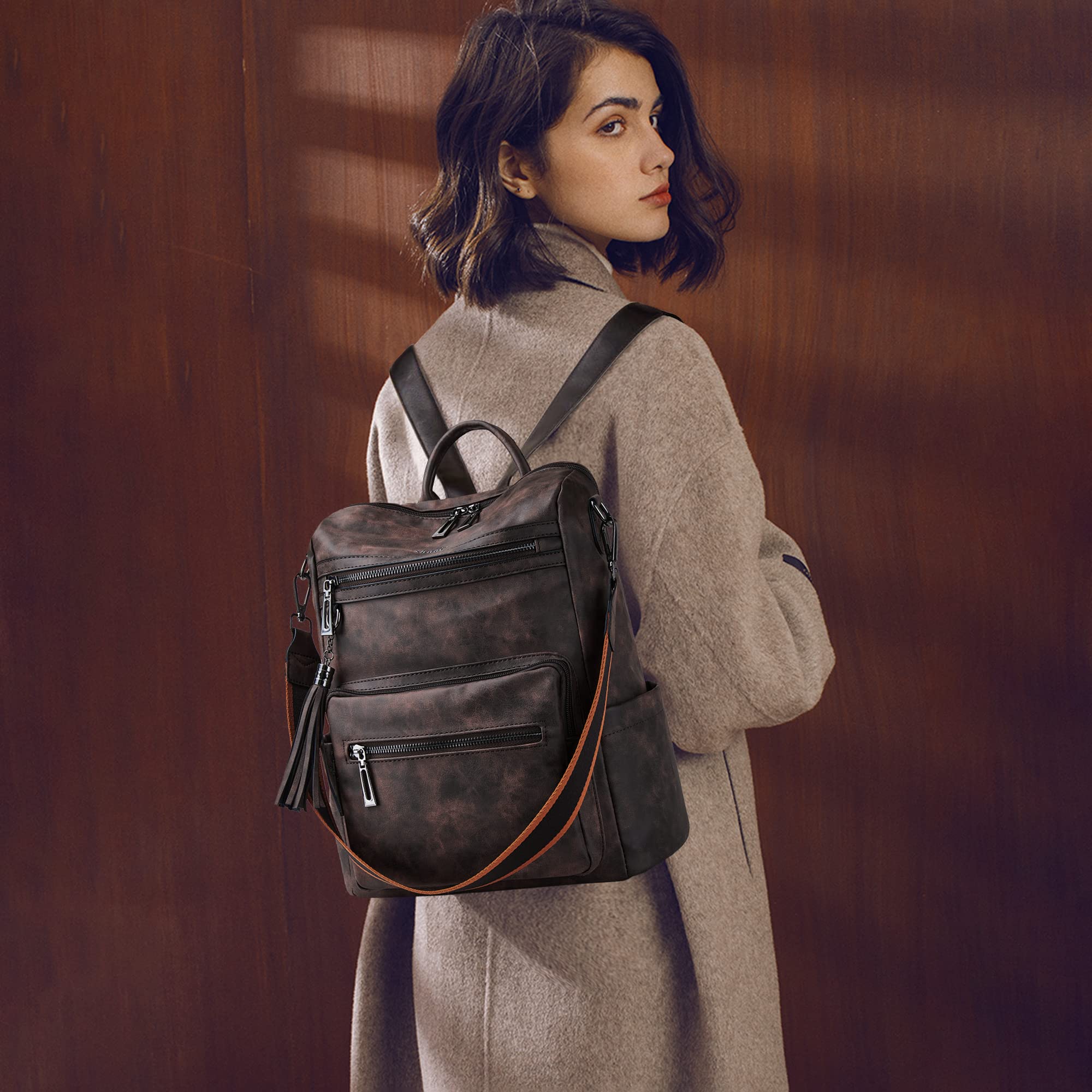 Shrrie Sac à Dos Femme, Sacs à Main Portés Dos en PU Cuir, Élégant Imperméable Sac à Dos Antivol Convertible avec Bandoulière Amovible pour Travail Voyage College Cadeau-Café nubuck