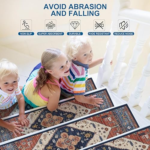 Miniatura 4 de Juego de 7 alfombras antideslizantes para peldaños de madera, resistentes a las escaleras para interiores, alfombras de seguridad para perros, niños