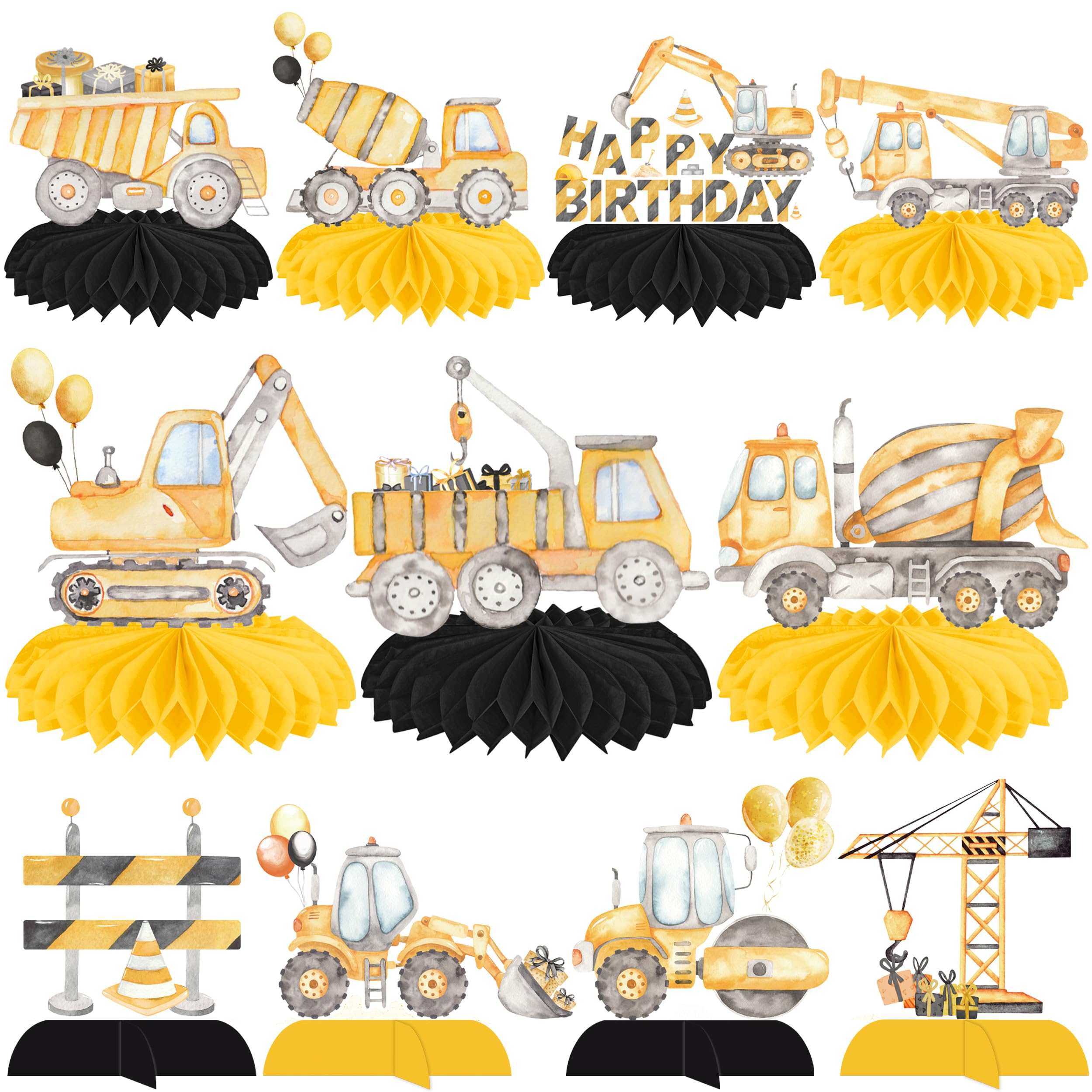 12pcs Construction Party Honeycomb Centerpieces Dump Truck Party Decorations Traffic Zone Theme Honeycomb Centerpieces for Construction Theme Birthday Party Baby Shower Supplies