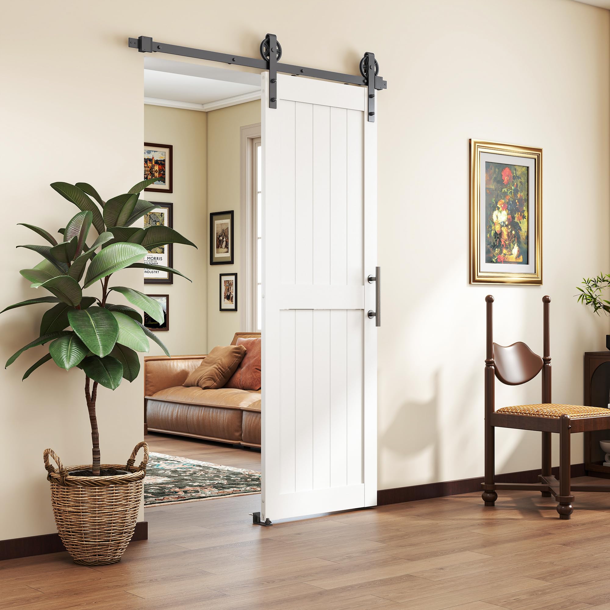 HOMCOM Puerta Corredera de Granero con Herrajes 71,5x213,4 cm Puerta Corredera de Interior con Manija Rodillo y Guía de Suelo Mejorados para Baño Salón Sala de Estar Blanco