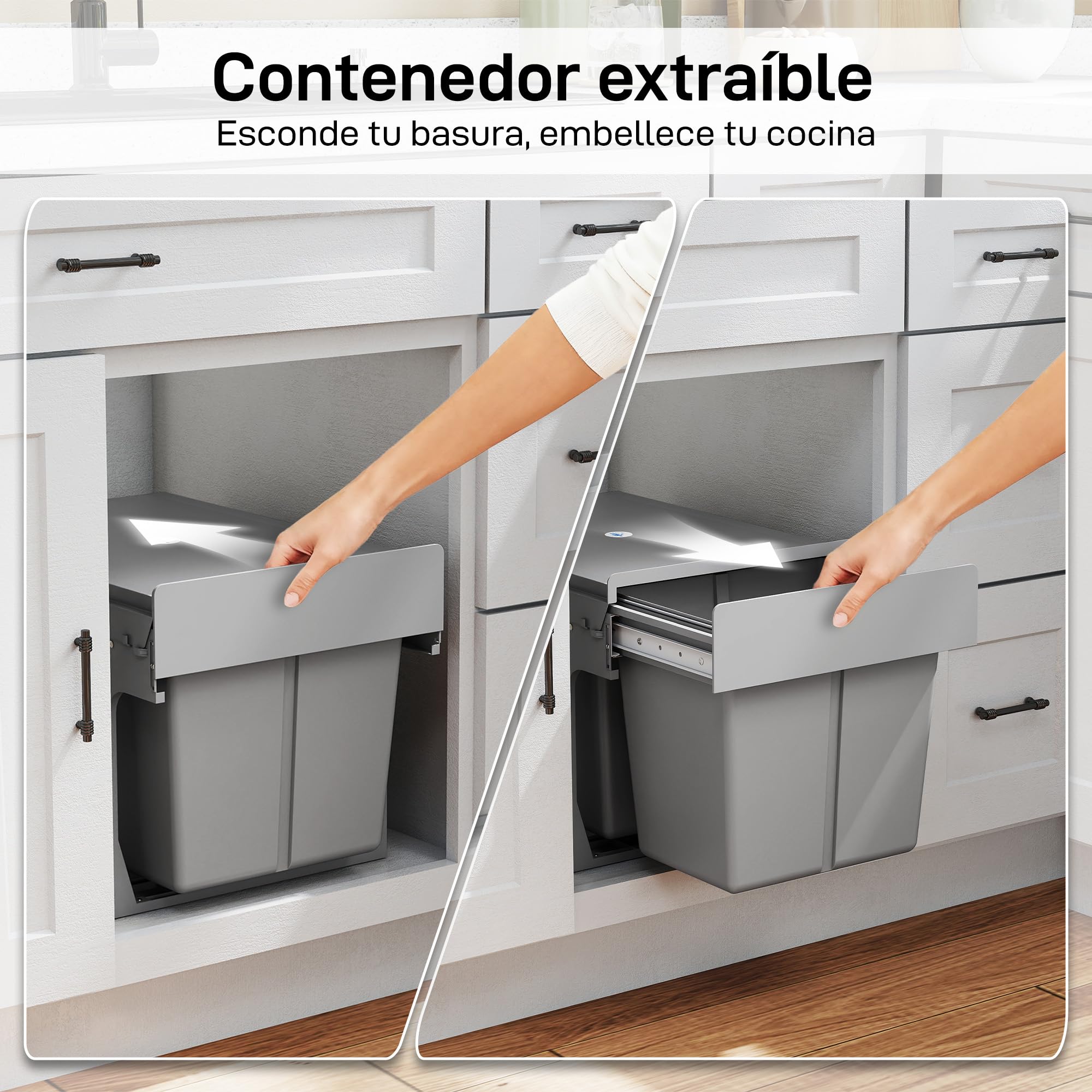 HOMCOM Cubo de Basura bajo Fregadero con 2 Cubos 30L (15Lx2) Gris Claro | Cubos de Basura, 2 Contenedores de Reciclaje Extraíbles, Fijación Inferior, para Reciclaje y Residuos