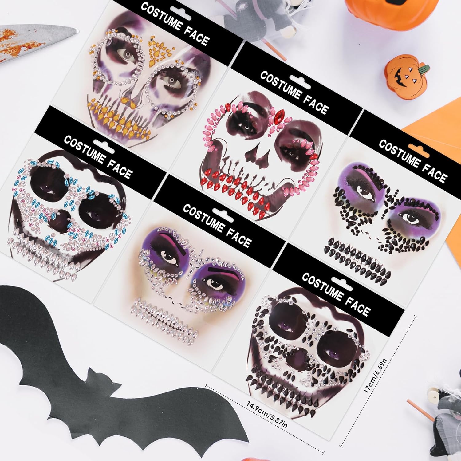 Erythem Skull Face Gems 6 Pack Day of the Dead Face Jewels Crystals Skeleton Face Gems for Halloween Festival Rave Party Makeup(Multiple colors)