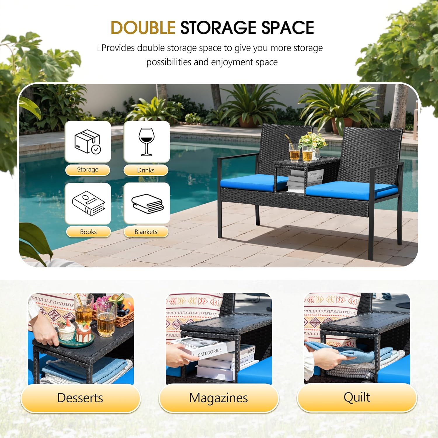 Devoko Patio Conversation Sets Outdoor Loveseat with Built-in Table & Cushions Wicker Patio Furniture Porch Chairs Bench for Lawn, Backyard, Balcony (Blue)