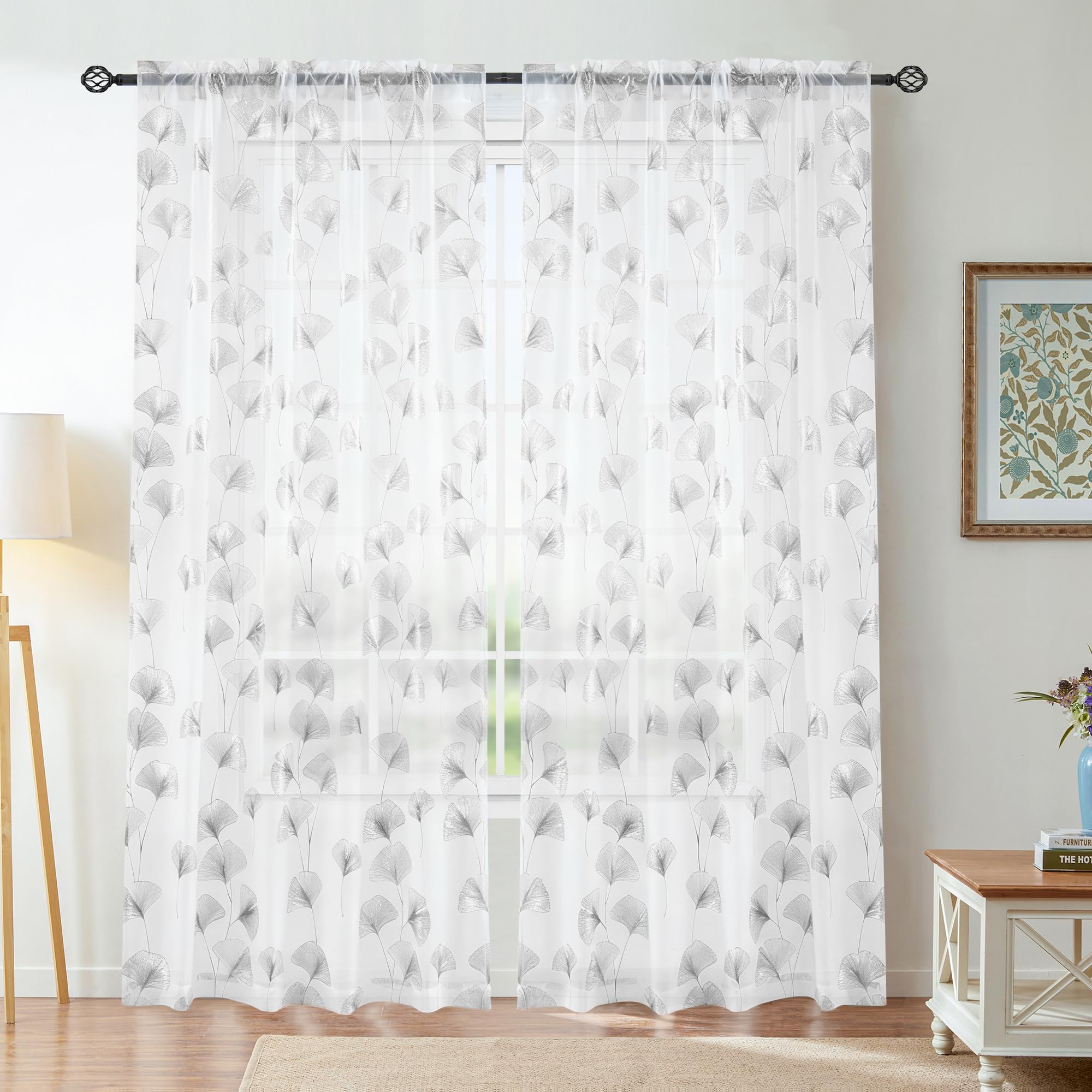 Youleyar Gold/Silber Folie Print Voile Sheer Vorhänge