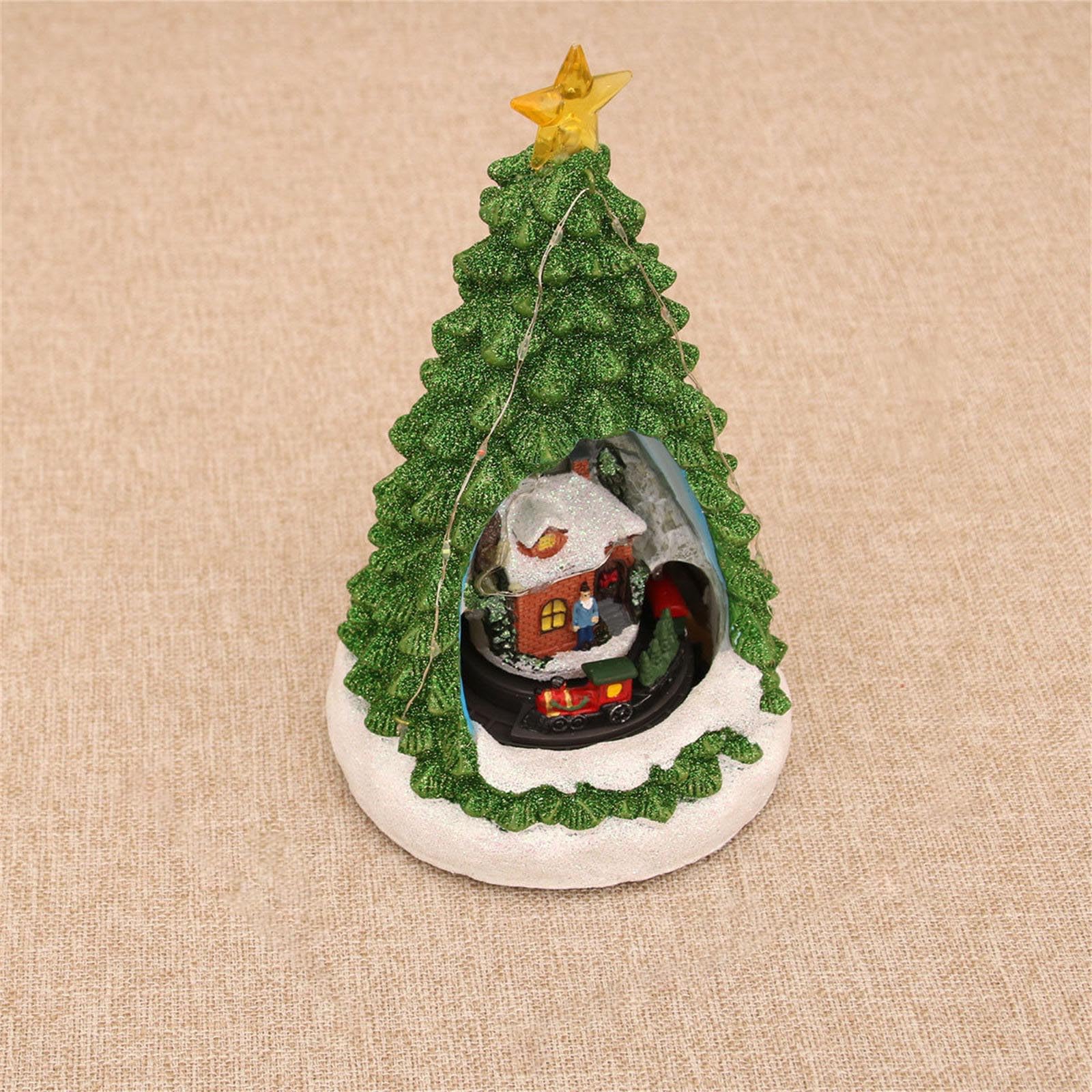 Carillon a forma di albero di Natale, con treno, in resina, con luci a LED, per uomini, donne, bambini, regalo di compleanno, villaggio, edificio in resina con luci a LED