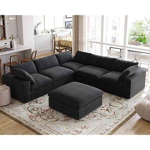 JACH V Shape Couch Sectional for Living Room, Modular Convertible Sofa, Couch Cushion Covers Removable, Cloud Sofas with Chaise Ottoman for Living Room, Bedroom, Apartment (Black)