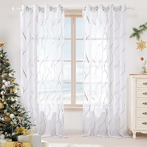 Miniatura 2 de Deconovo - Cortinas translúcidas con patrón de ondas impresas en lámina de aluminio, con aspecto de lino, juego de 2 paneles de cortinas de gasa con