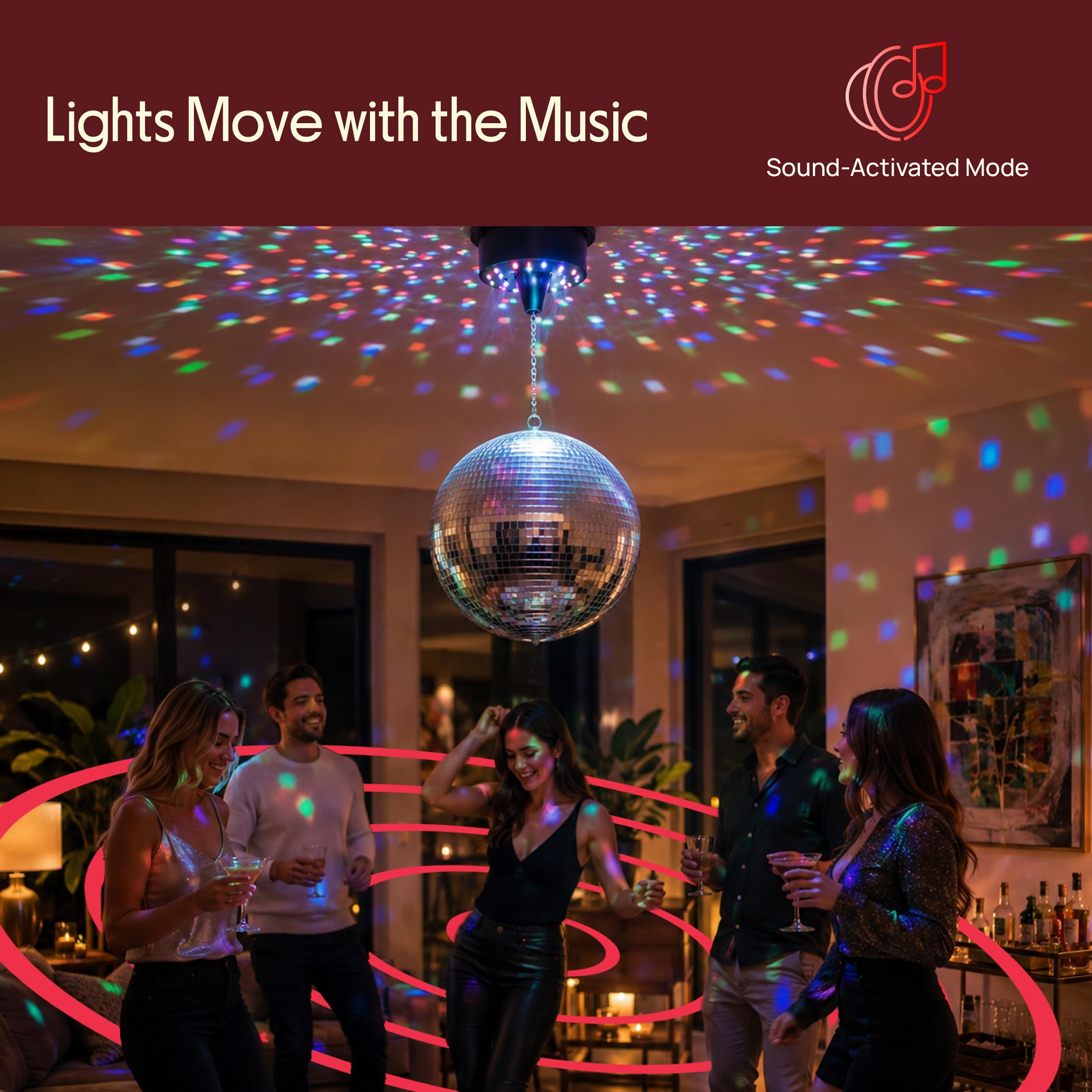 Bola de discoteca motorizada de 12 pulgadas con control remoto y luces RGBW