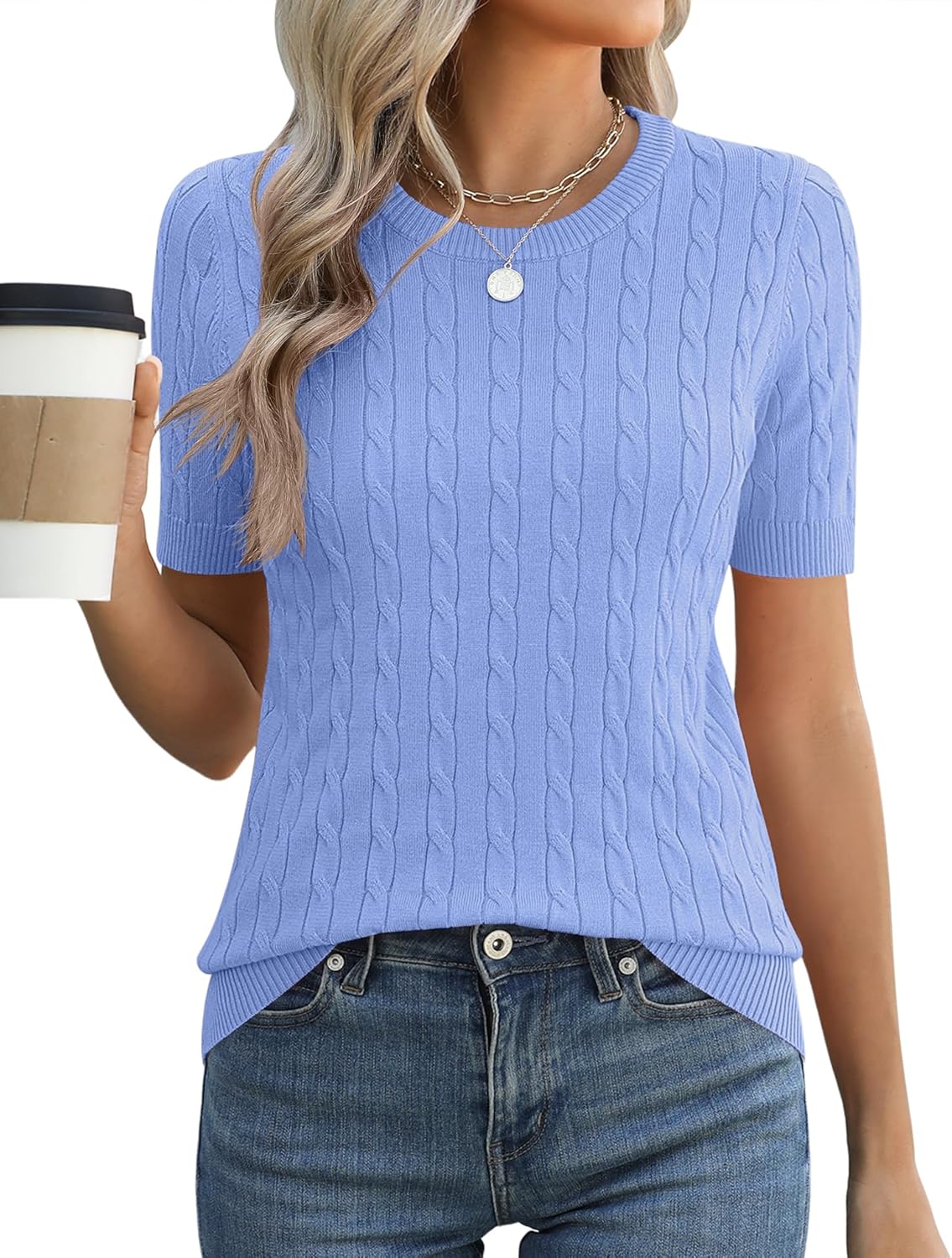 Micoson Womens Short Sleeve Cable Knit Sweater Tops Crewneck Lightweight Spring Summer Shirts Business Dressy Casual Outfits