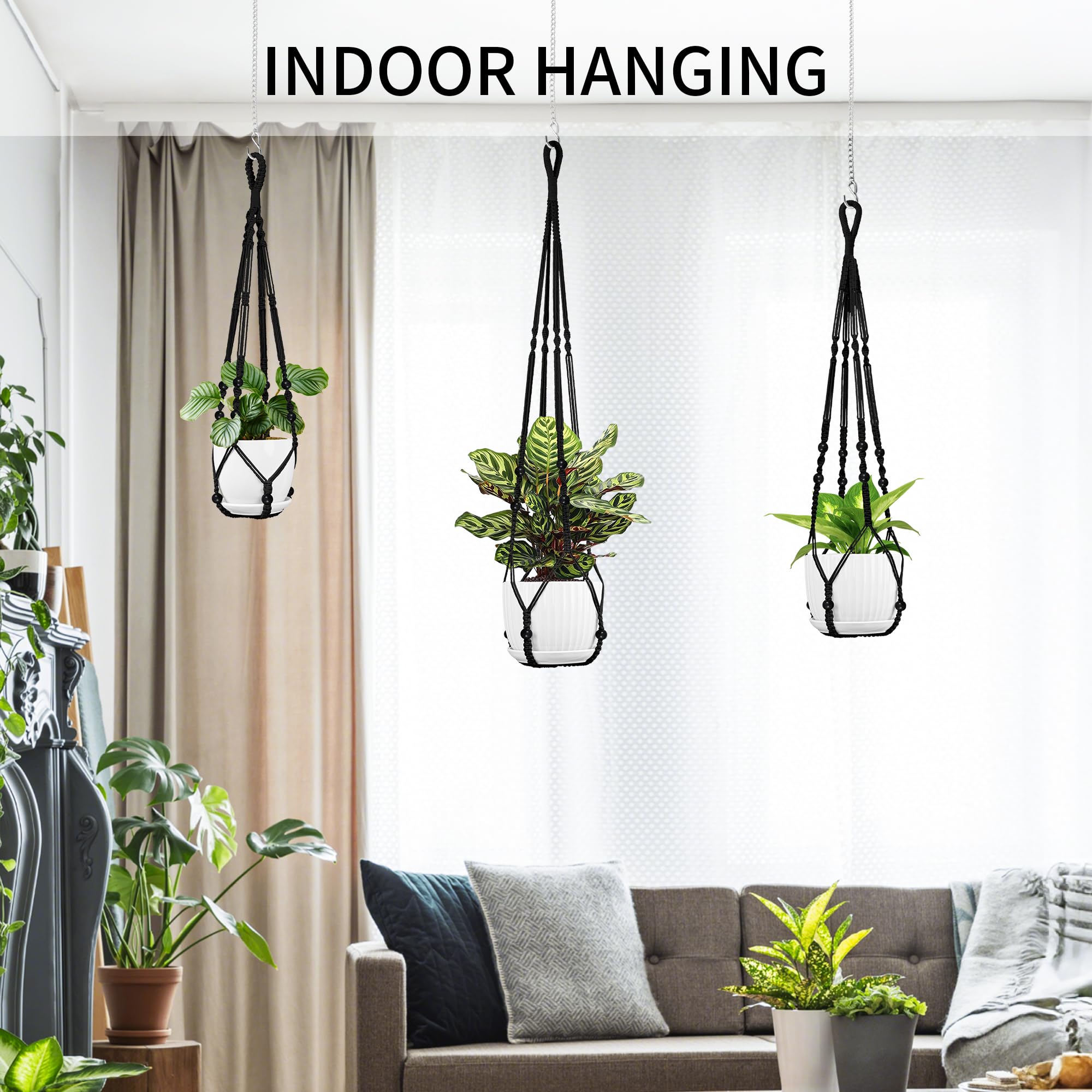 Lot de 3 suspensions en macramé pour plantes – 109,2 cm/88,9 cm/73,7 cm de différentes tailles, support de pot de fleurs à suspendre pour intérieur et extérieur, avec perles en bois