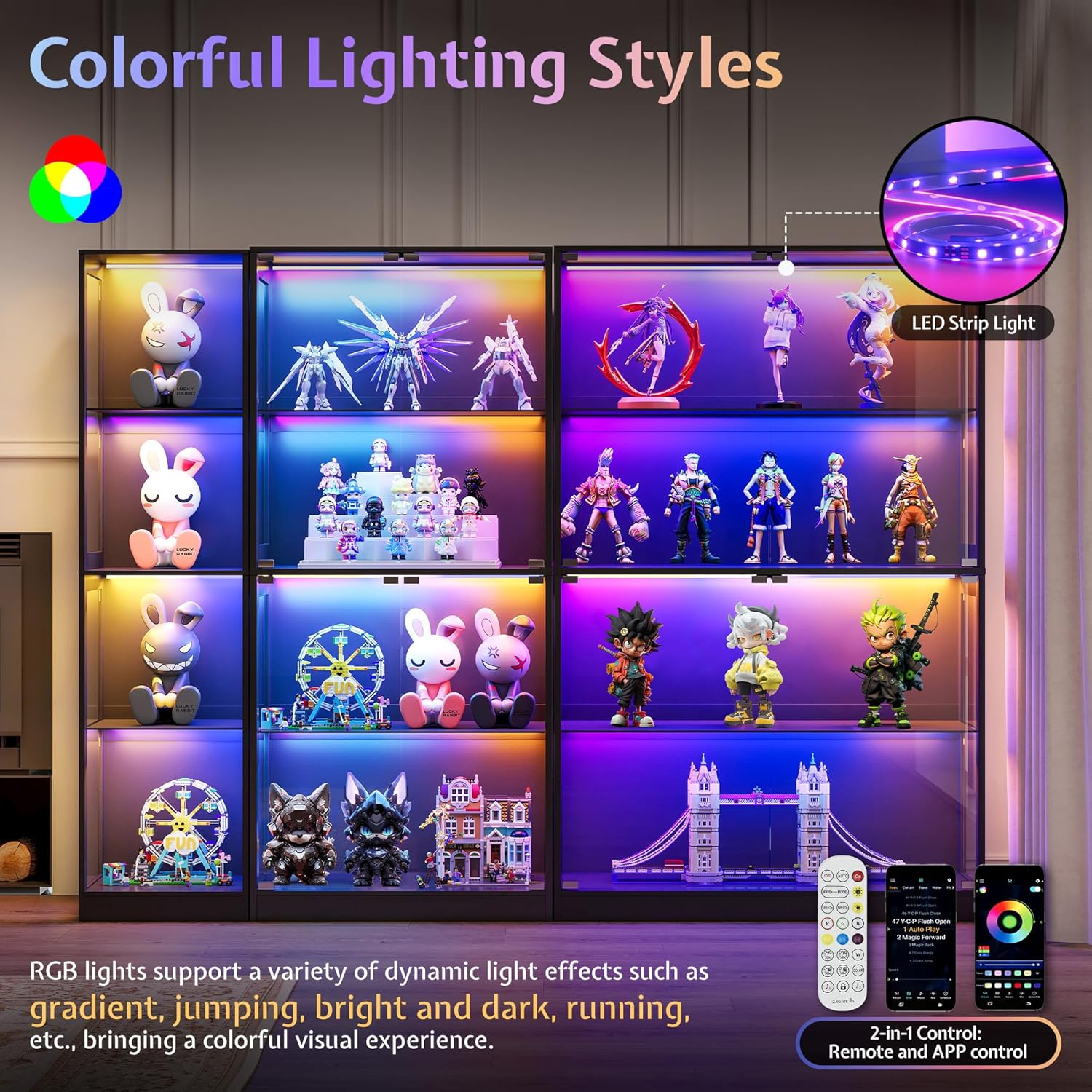 side view of display cabinet with glass doors highlighting RGB lights and MDF construction