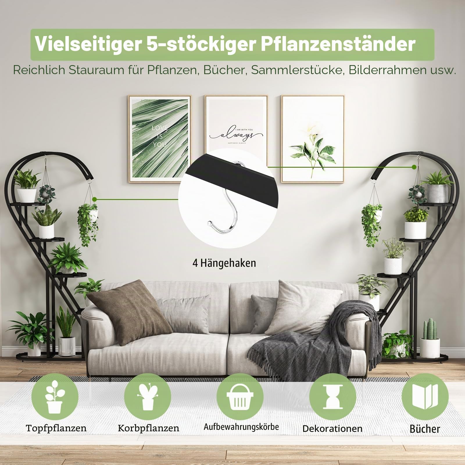 HOMASIS 5 Etagen Metall Pflanzenständer herzförmig, mehrstöckig Blumenständer mit Haken, Blumentopfständer für Innen Außen, Pflanzenregal Blumenregal für Wohnzimmer Garten Balkon Terrasse (Schwarz)