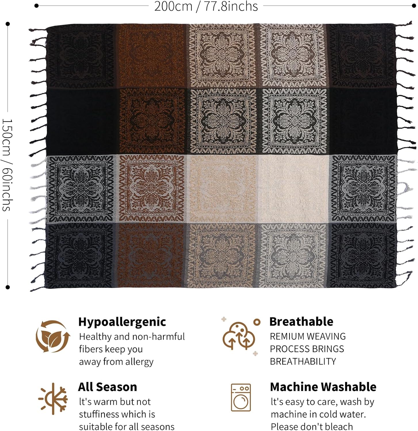 Boho Throw Blanket, Chenille Jacquard Tassels Throw Blankets for Bed Couch Soft Chair, Bohemian Fringe Tassels (Black, S:60x75) - Image 4
