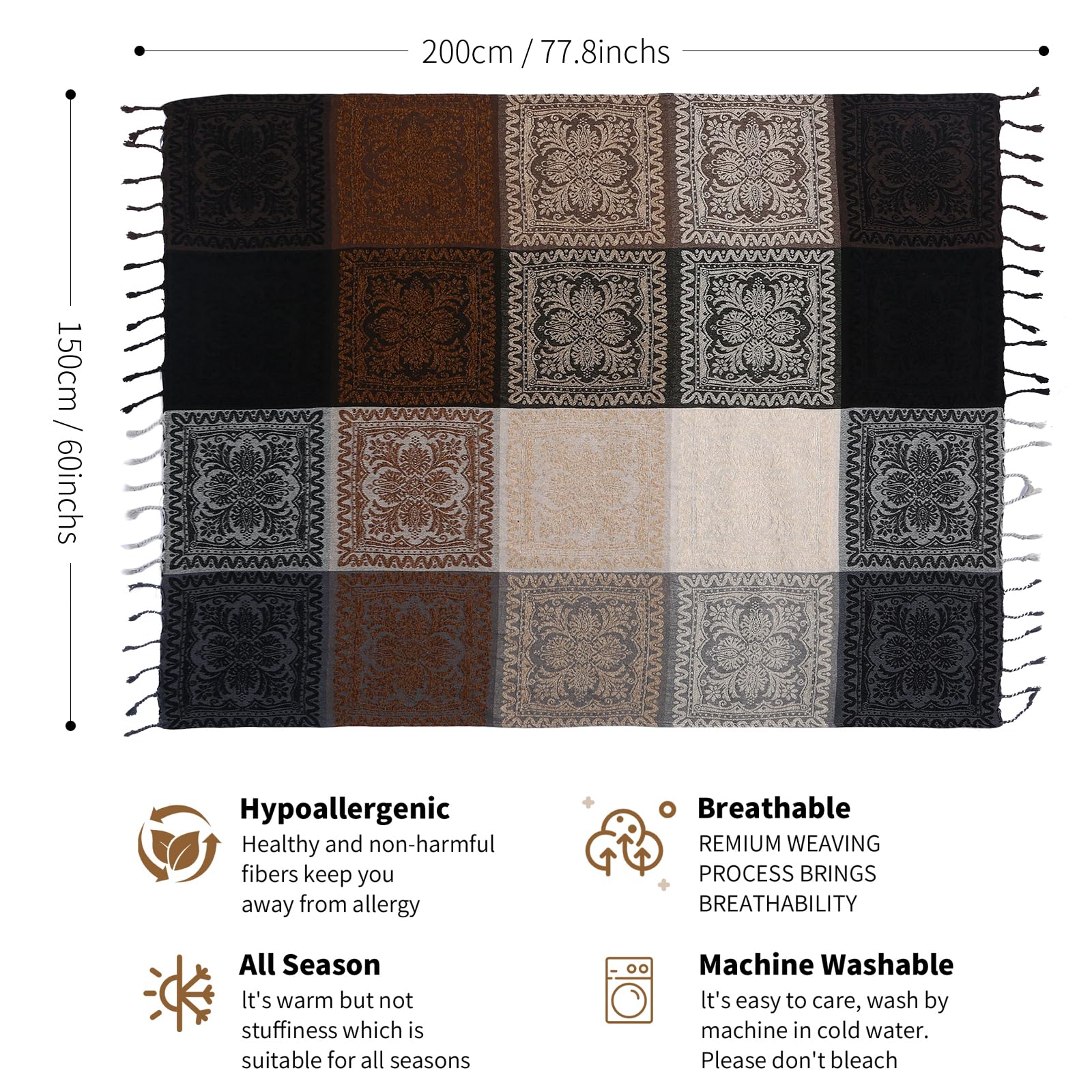 Coperta in ciniglia jacquard, con nappe, per letto, divano, morbida e sedia, con frange bohémien (nero, S: 150 x 200)