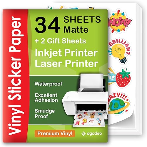 Papel adhesivo de vinilo imprimible de calidad premium para impresora de inyección de tinta - 34 hojas autoadhesivas de color blanco mate