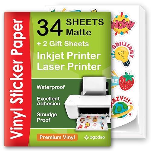 Premium Printable Vinyl Sticker Paper for Inkjet Printer - 34 Sheets Self-Adhesive Sheets Matte White Waterproof, Dries Quickly Vivid Colors, Holds Ink Well - Tear Resistant