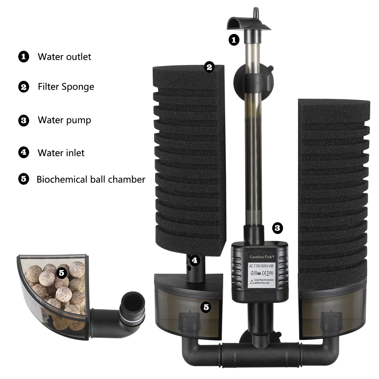 Carefree Fish Aquarium Filter with Water Pump 4 Sponges and 1 Bag of Filtered Ceramic Balls Fish Tank Quiet Filter for Salt Water and Fresh Water