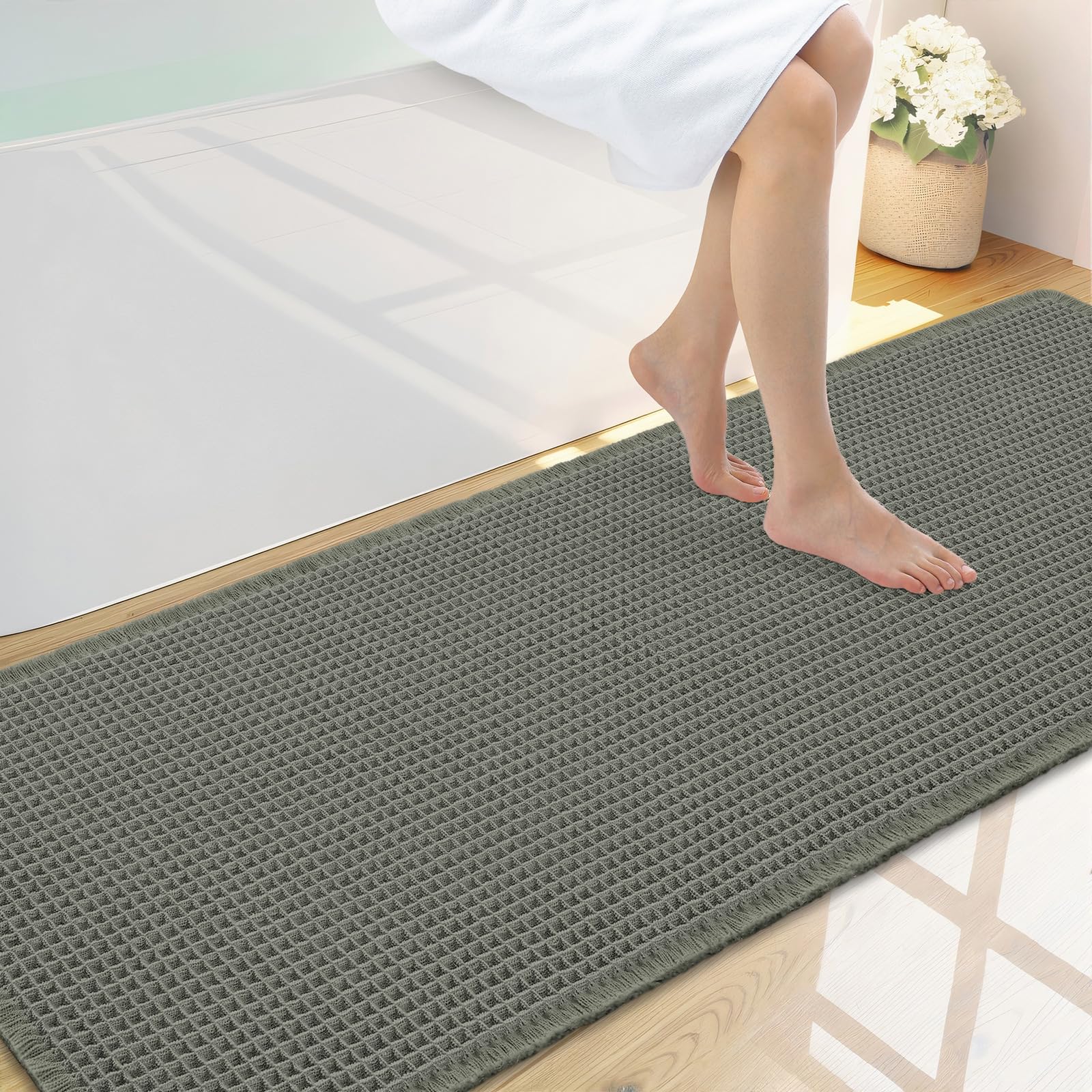 Smiry Waffle Bath Mat 59X20, Extra Soft Absorbent Bathroom Rugs, Green