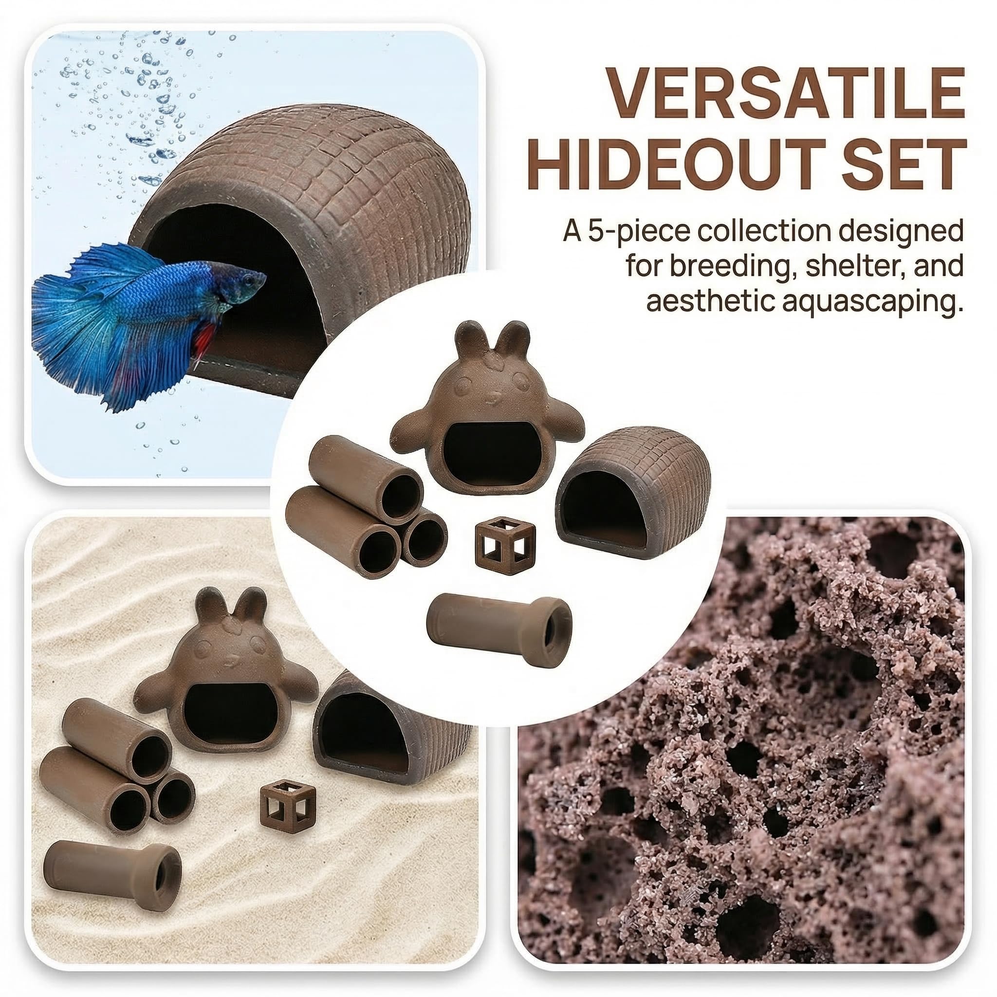 Lot De 5 Caches Et Grotte Aquarium en Argile Violette Décoration Naturelle Poisson-Chat Abri en Céramique Forme Torii Rouleau De Terre Petit Cube Cachette Aquarium