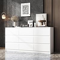 Vista 1 de Hitow Cómodas de 9 Cajones Blancos, Cómoda Grande Moderna para Organizar el Dormitorio, Cómoda Larga de Madera con 9 Cajones sin Tiradores, Cómoda