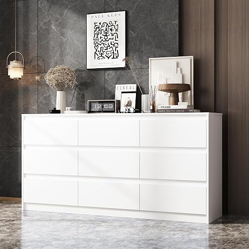 Hitow 9 White Drawer Dressers, Modern Large Dresser for Bedroom Organize, Wooden Long Dresser with 9 Handle Free Drawers, Storage Chest of Drawers for Living Room Office, Ball Bearing Slide (63" W) - White-ball Bearing Slide