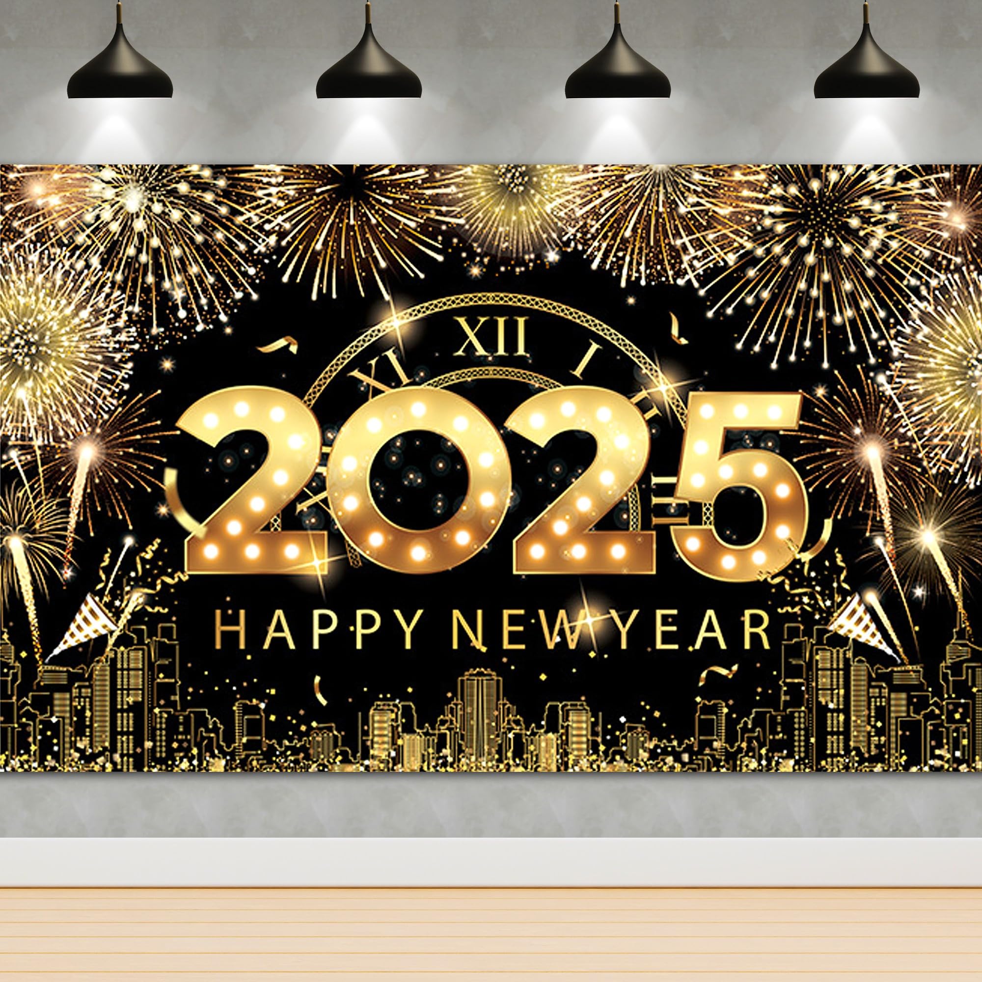 Banner Di Capodanno 2024 - Striscione 'Happy New Year' 180x110 Cm, Tessuto Poliestere, Con Corda, Per Decorazioni Feste