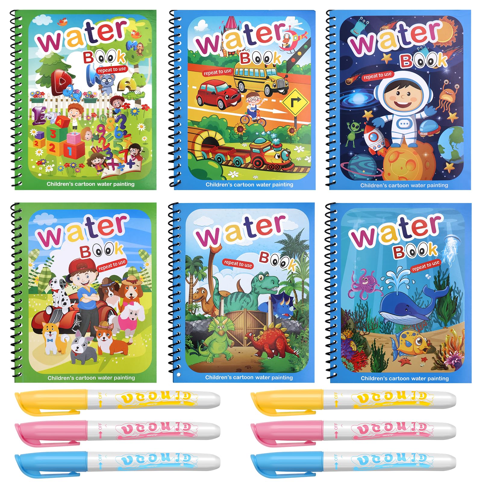 6 sztuk kolorowanek wodnych, wielokrotnego użytku, magiczna książka z 6 pisakami wodnymi, zestaw magicznych kolorowanek, dla dzieci w wieku 3, 4, 5, 6 lat, dla chłopców i dziewczynek