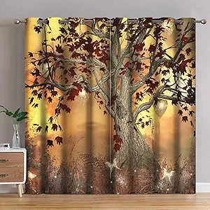 Jekeno Fall Tree Blackout Curtains Autumn Tree Room Decor Moonlight Butterfly Lantern Glittering Firefly Print Grommet Window Drape for Bedroom Living Room 2 Panel Set, 42"x54"