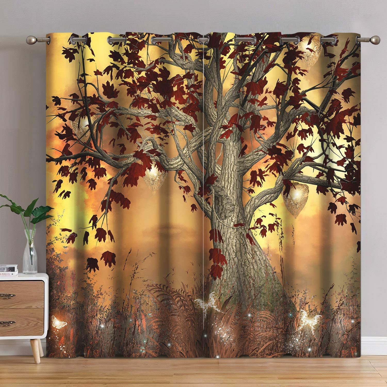Jekeno Fall Tree Blackout Curtains Autumn Tree Room Decor Moonlight Butterfly Lantern Glittering Firefly Print Grommet Window Drape for Bedroom Living