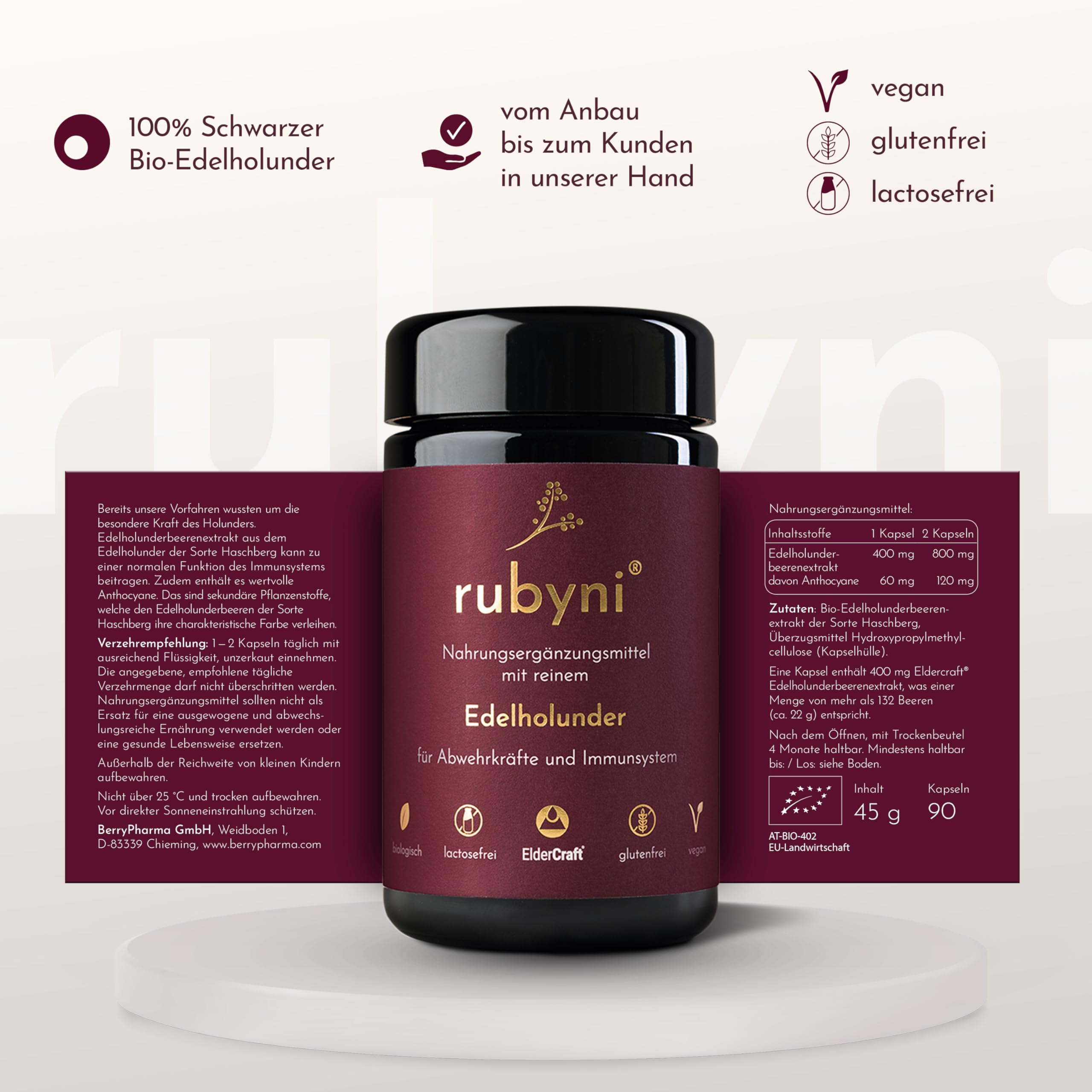 Edelholunder Kapseln - 90 Kapseln - 400mg Holunderbeeren Extrakt | Bio, Vegan & ohne Zusätze - 100% ElderCraft - Schwarzer Holunder - Mit 60mg Anthocyane - Gluten- & laktosefrei