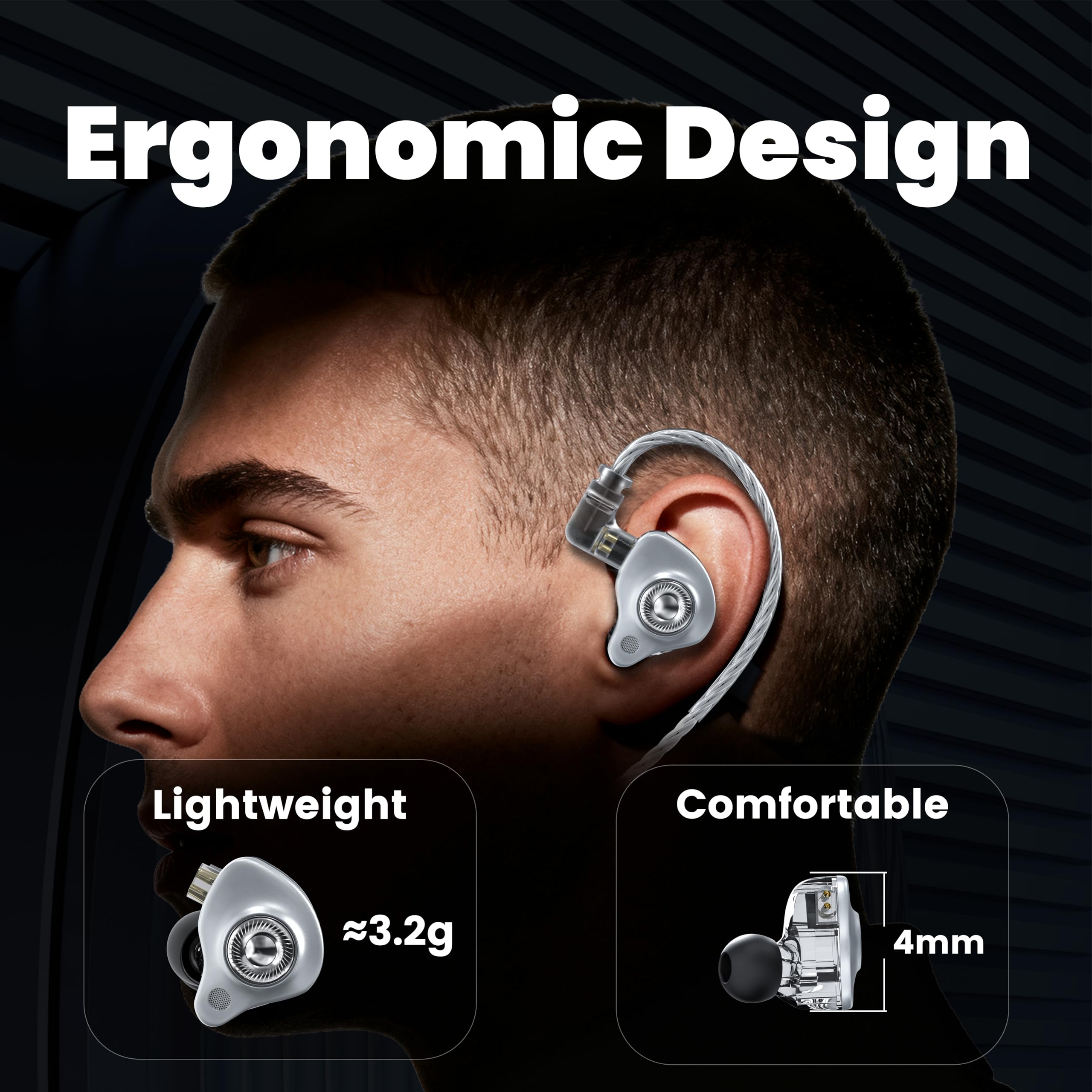 Cuffie intrauricolari senza microfono, 3,5 mm, argento, driver da 10 mm | Driver dinamico da 10 mm, cavo OFC 4N staccabile, auricolari HiFi IEM per giochi e regali