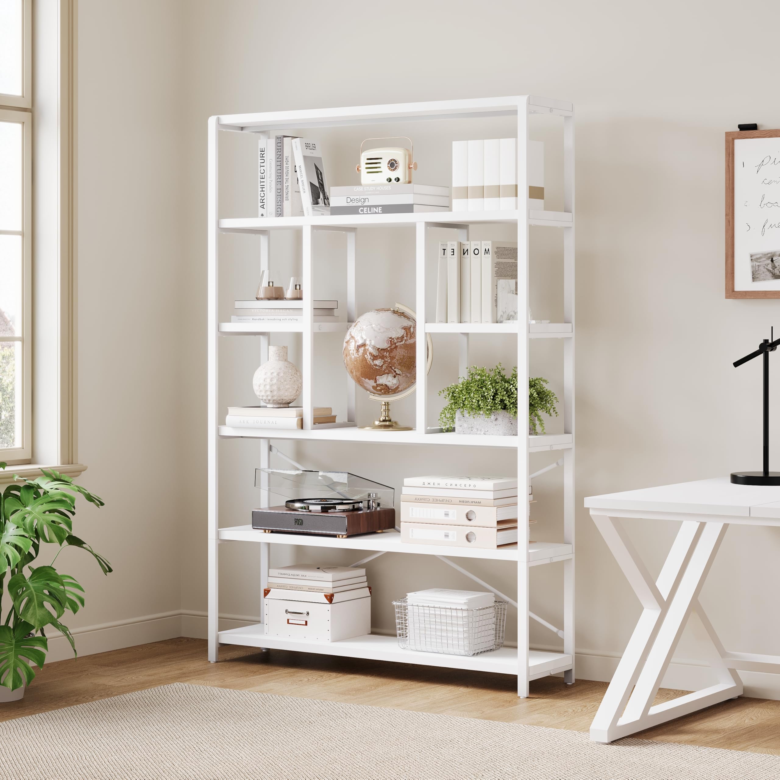 LVB Bookcase, Modern 6 Tier Tall White Bookshelf, Metal Wooden Book Shelf Storage, Living Room Furniture, Open Vertical Display Bookcase for Bedroom Living Room, Home Office, 180H CM