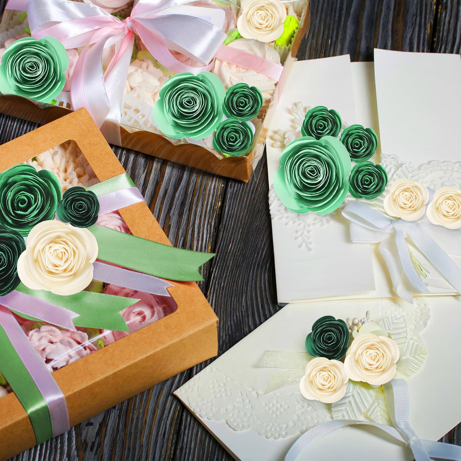 36 Pcs 3D Rolled Artificial Roses Paper Flowers for Crafts Graduation Cap Decoration Wall Decor Mini Crafts DIY Gift for Graduation Wedding Shadow Box Frame Cake Topper(Green) - Image 5