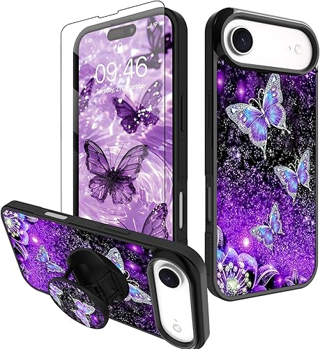 Miniatura 7 de Funda para iPhone 13 Pro con purpurina de mariposa morada para mujeres y niñas, con protector de pantalla + soporte Funda protectora antideslizante