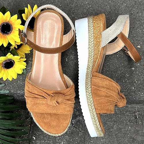 Miniatura 6 de Womenyiaor Sandalias de cuña para mujer, alpargatas para mujer, puntera abierta, correa al tobillo, sandalias de tacón de cuña, sandalias elegantes