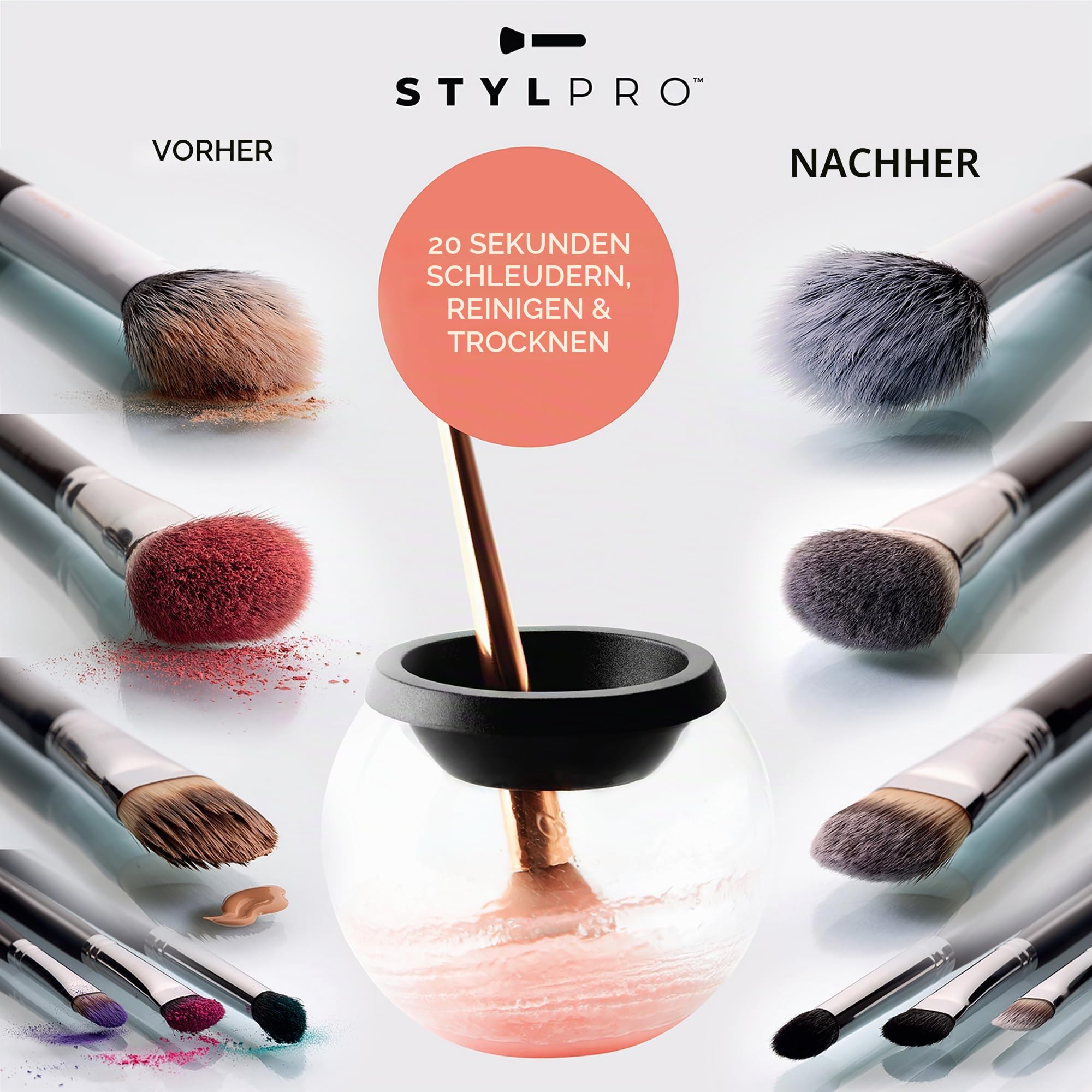 STYLPRO Elektrischer Make-up-Pinselreiniger & Trockner - Reinigt und trocknet gründlich in 30 Sekunden mit schonender Zentrifugaltechnik. Für alle Pinselgrößen geeignet, inkl. veganem Reiniger