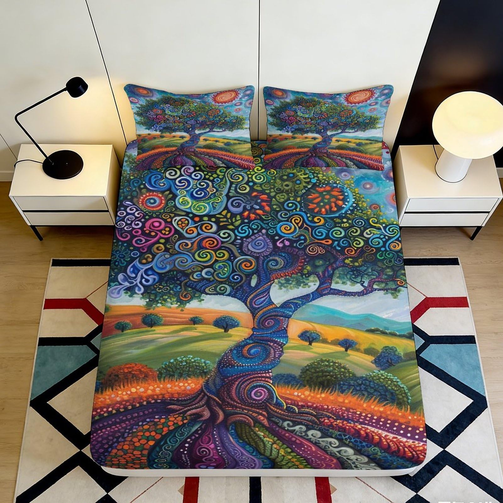 3D Printed Fantasy Tree Fitted Sheet Microfiber Non-Slip Deep Pocket Bedroom Bedding Fantasy Tree Mattress Fitted Cover Washable 90x200x25cm