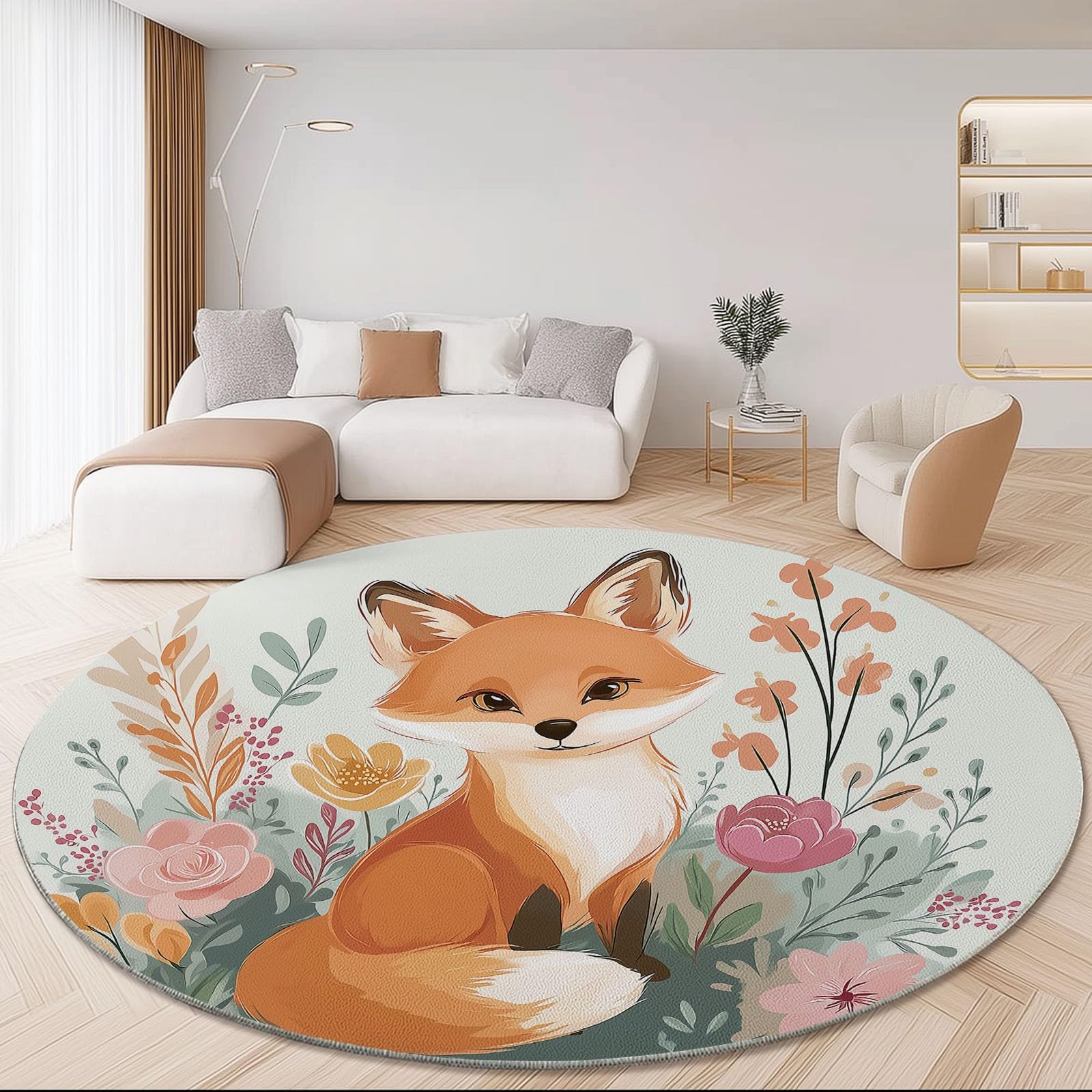 Tapis de salon rond renard pour chambre d'enfant et coin jeu doux