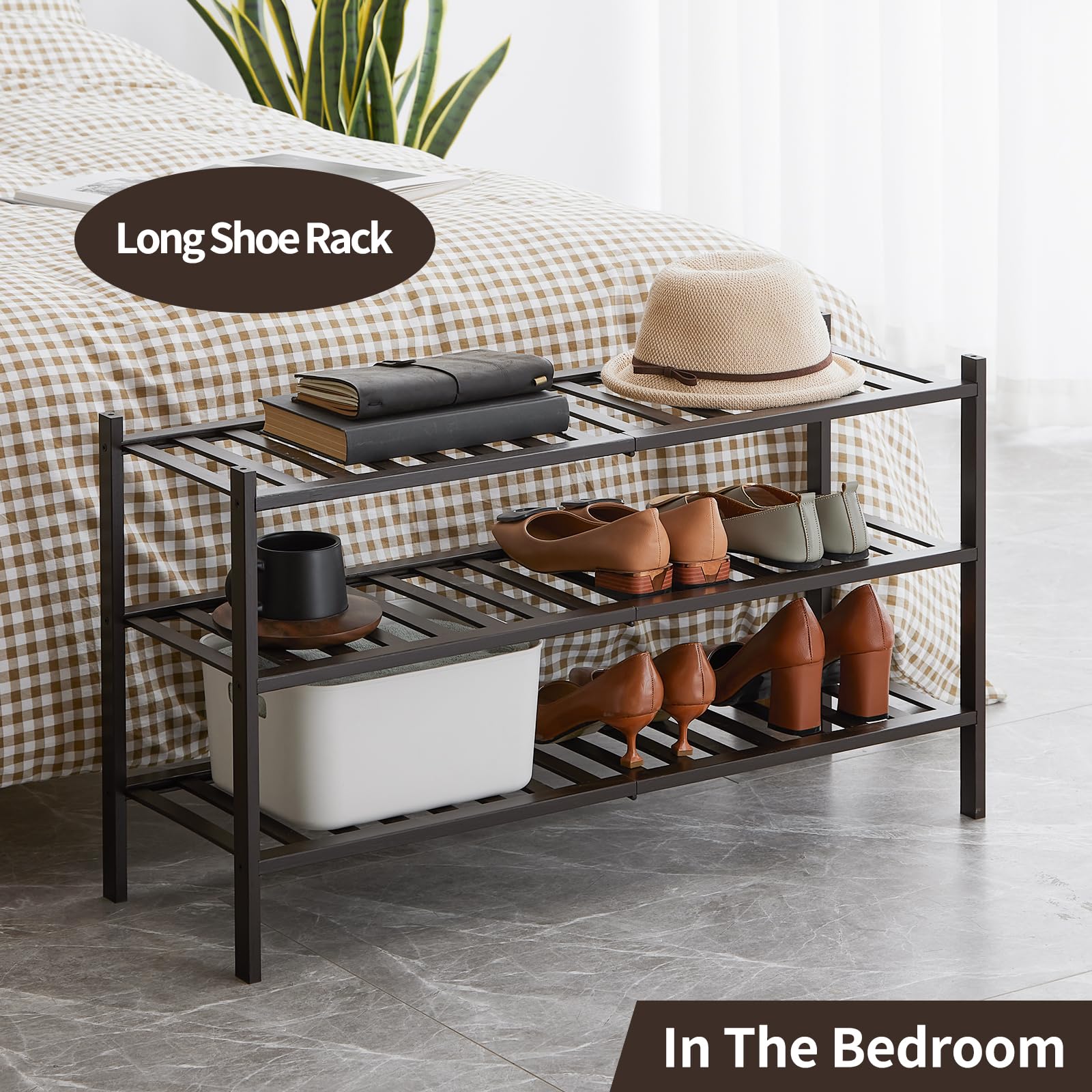 Langes Schuhregal, 3-stöckiges Bambus-Schuhregal, stapelbar, Schuhregal, Organizer, Schuhständer für Schrank, Eingang und Flur