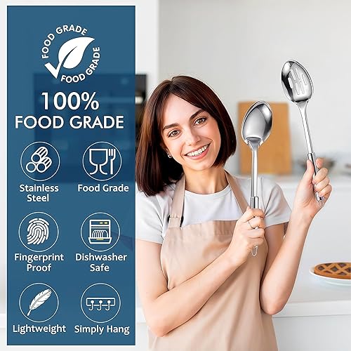 Miniatura 2 de Juego de 2 cucharas de cocina grandes, cuchara de servir de acero inoxidable y cuchara ranurada para cocinar, cucharas largas resistentes al calor