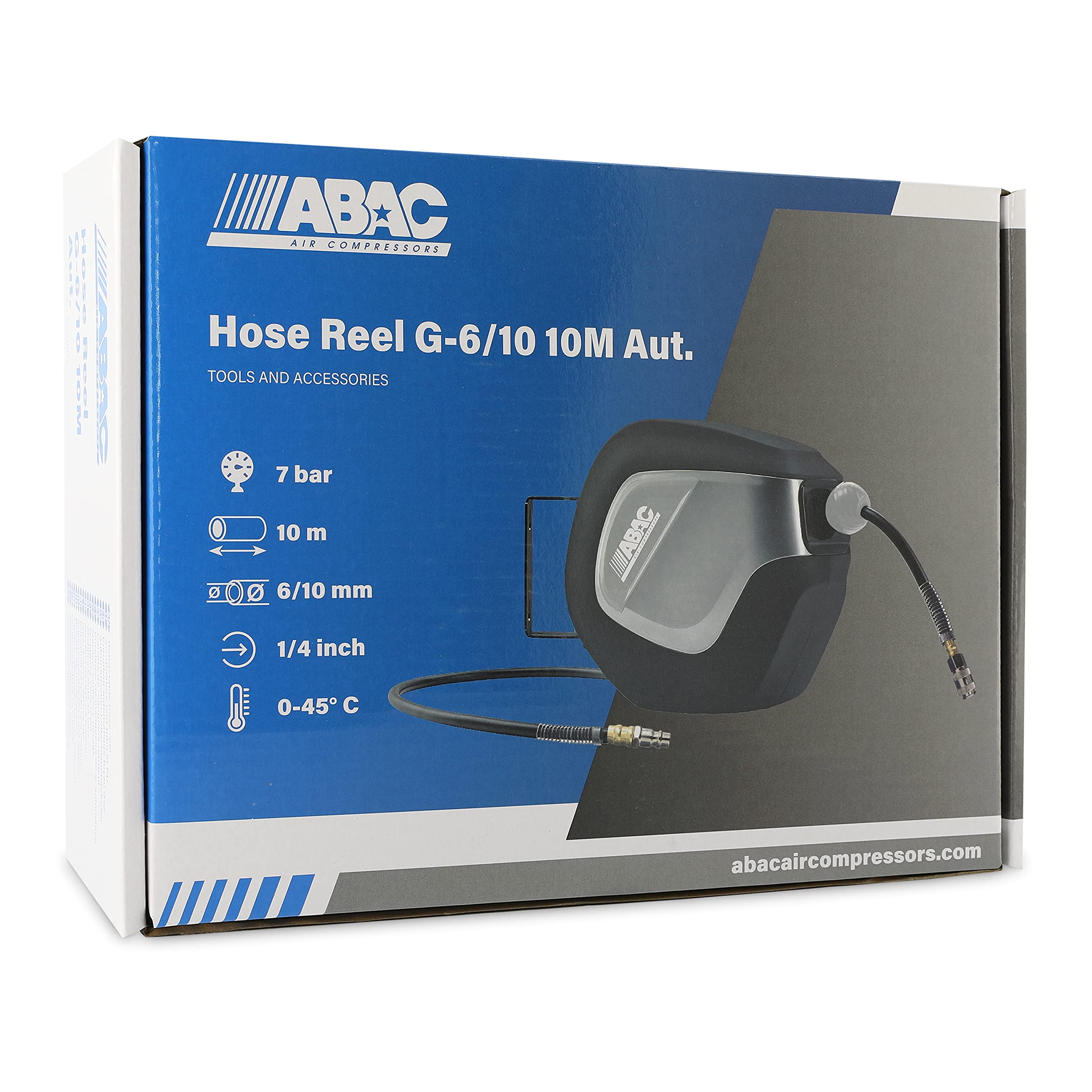 ABAC Avvolgitubo Automatico G-6/10, Tubo in PVC da 10 Metri, Avvolgitubo con Alloggiamento Girevole a 180°, 2 Viti di Montaggio Incluse, 10 Metri, Nero