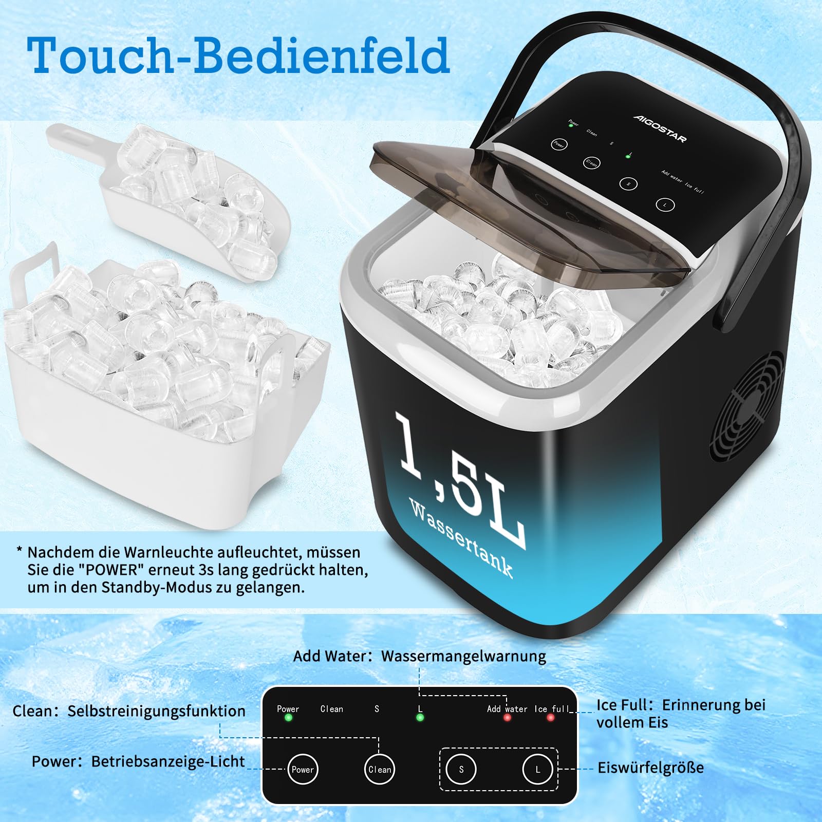 Aigostar Klein Eiswürfelmaschine 1,5L, 130W Doppeldeckel Eiswürfel Maschine, 9 Eiswürfel in 6 Mins, 14kg/24h, 2 Eiswürfel Größen, Selbstreinigend Ice Maker, Eisbehälter voll & Wassermangelwarnung
